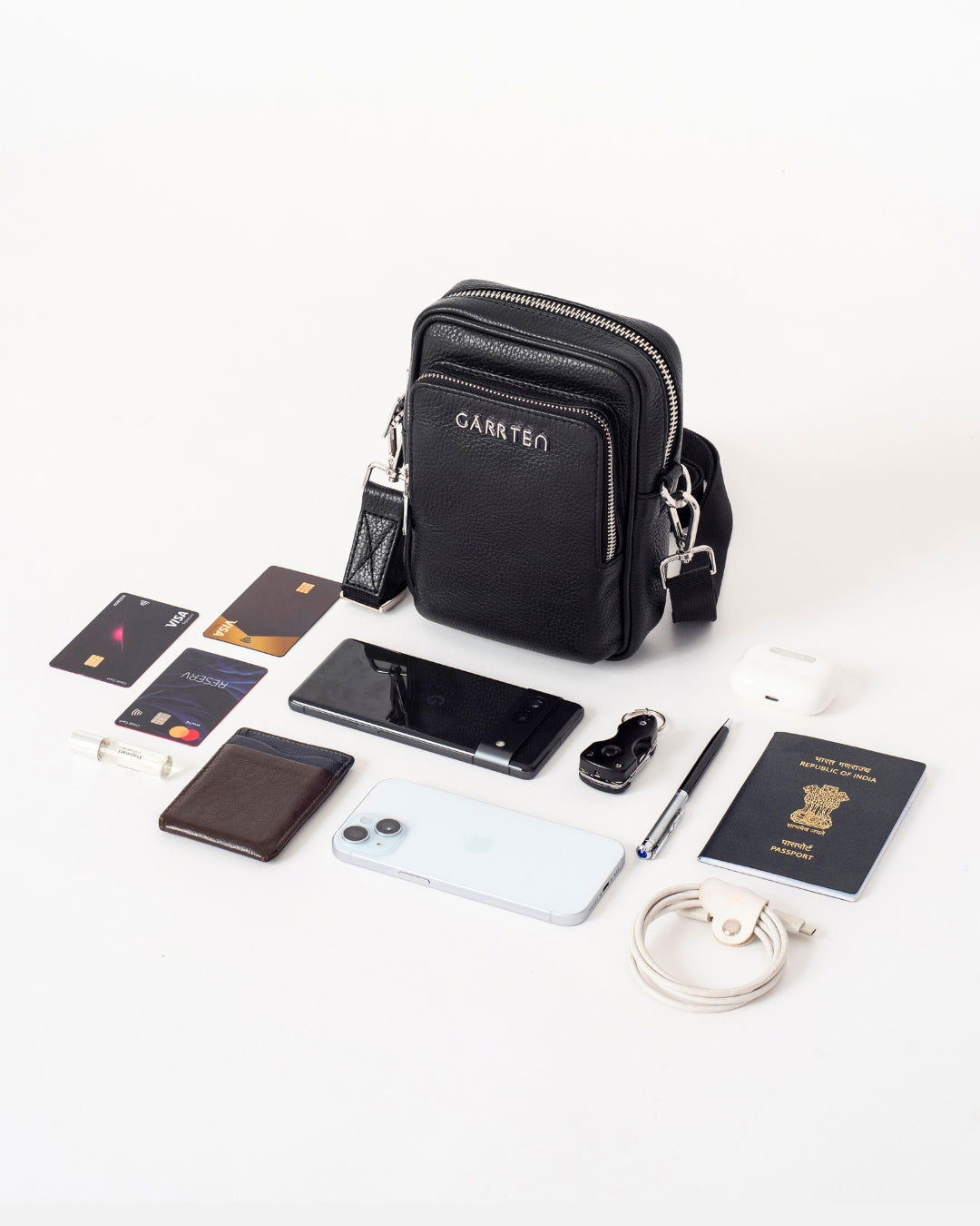 GARRTEN 508 leather mini crossbody bag in carbon black— flatlay