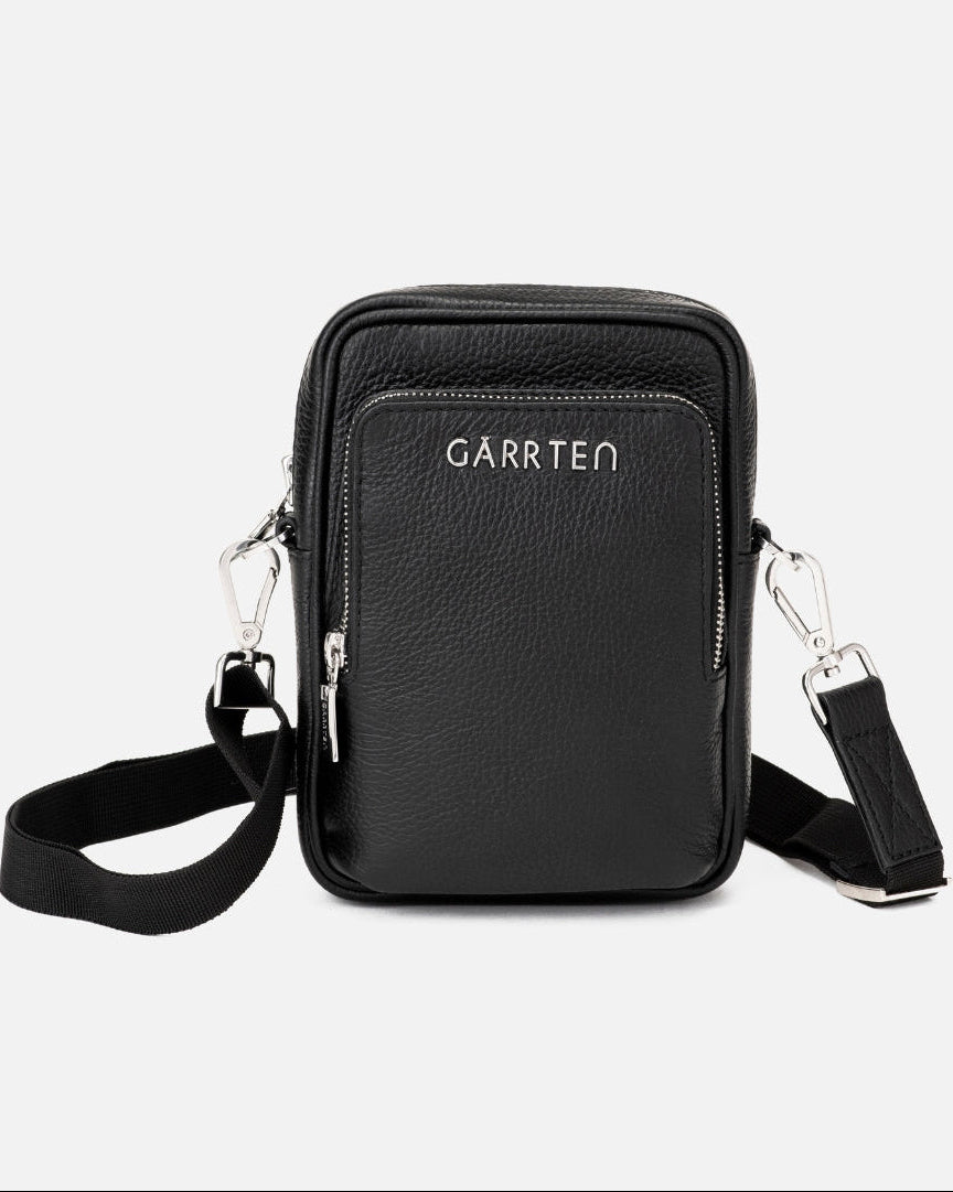 GARRTEN 508 mini Italian leather crossbody bag in carbon black — front view showing adjustable detachable shoulder strap, white background