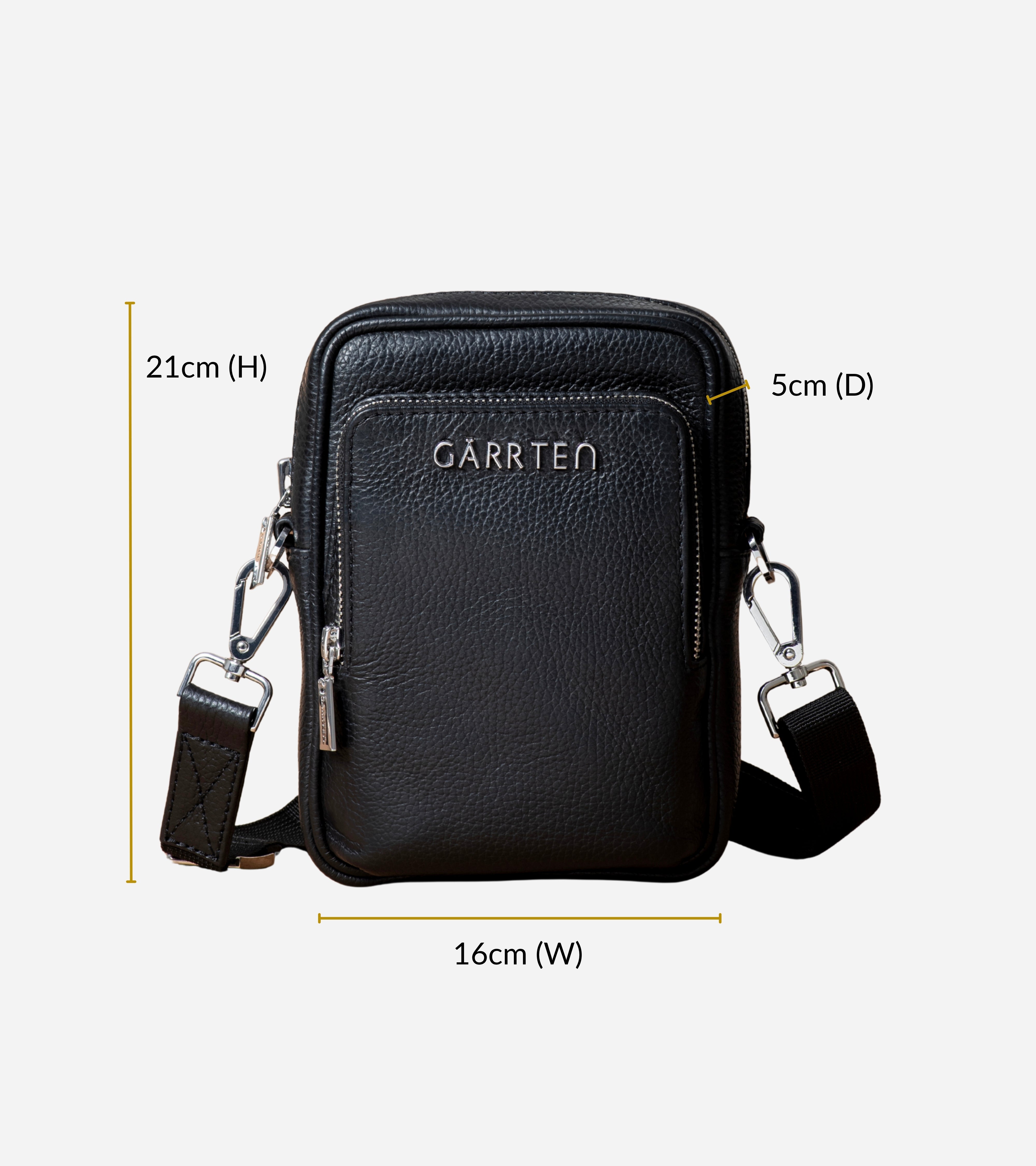 GARRTEN 508 mini crossbody bag in carbon black leather with measurements on a white background