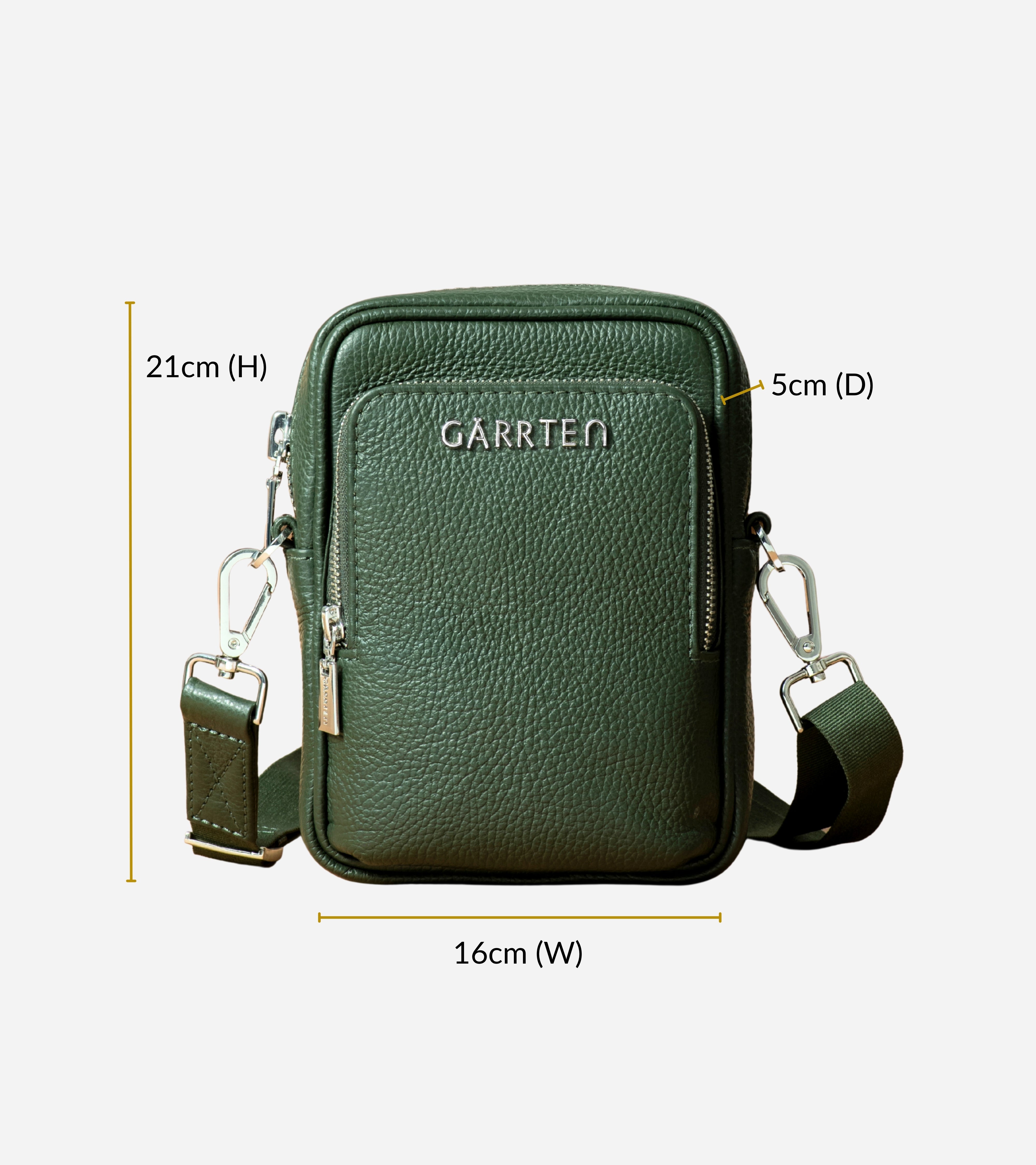GARRTEN 508 mini crossbody bag in forest green leather with dimensions on a white background