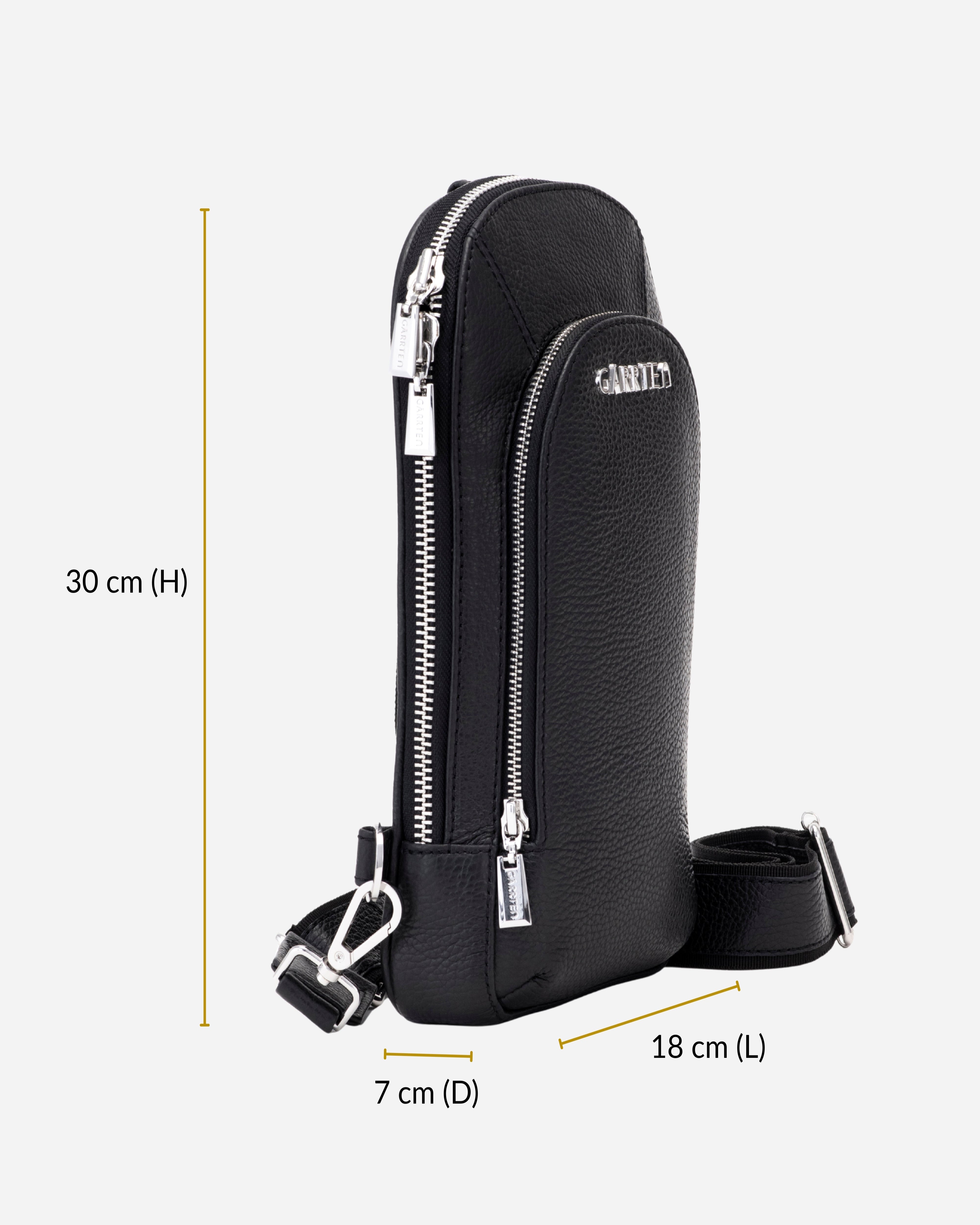 GARRTEN 518 crossbody sling bag in carbon black leather with measurements on a white background