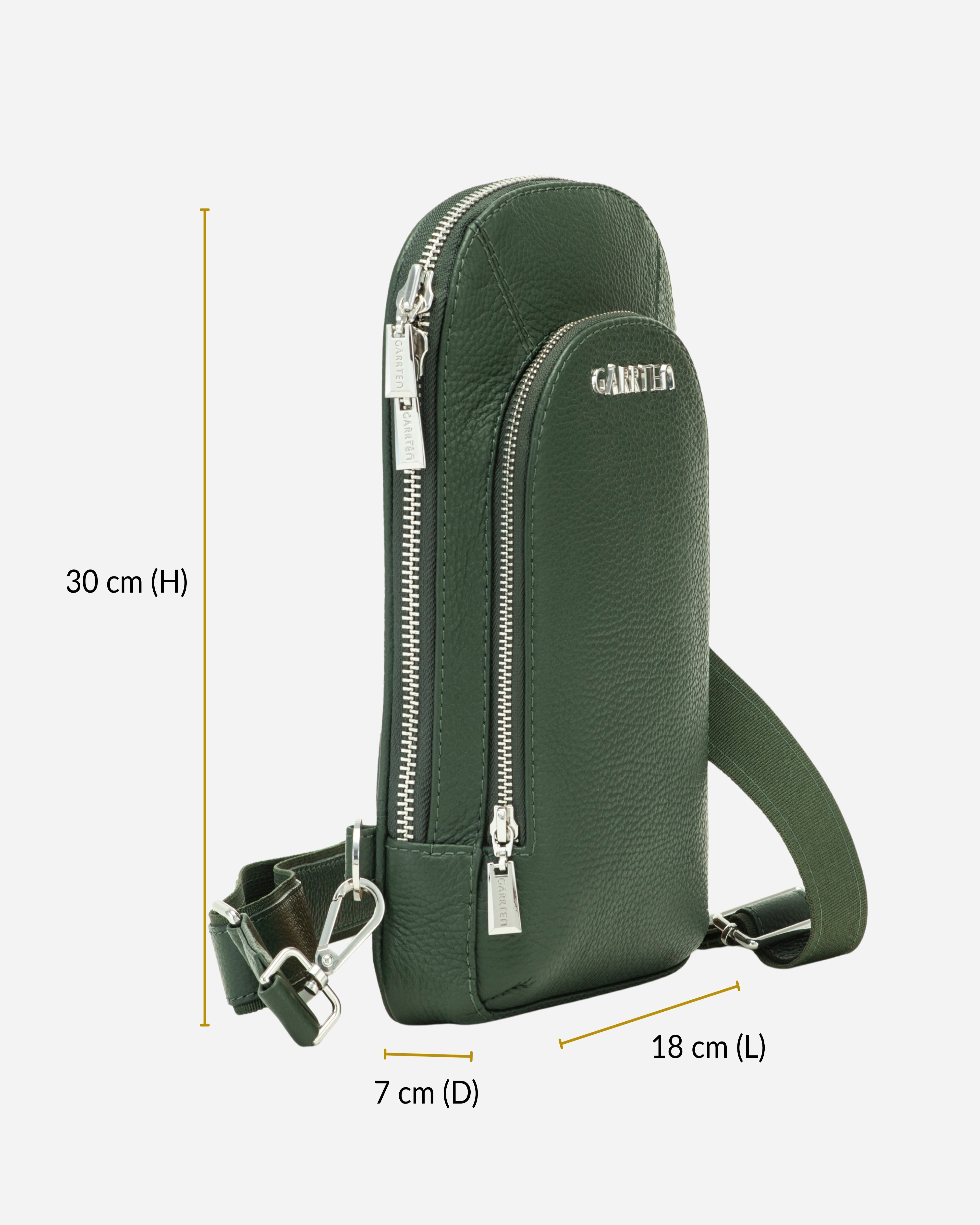 GARRTEN 518 crossbody sling bag in forest green leather with measurements on a white background