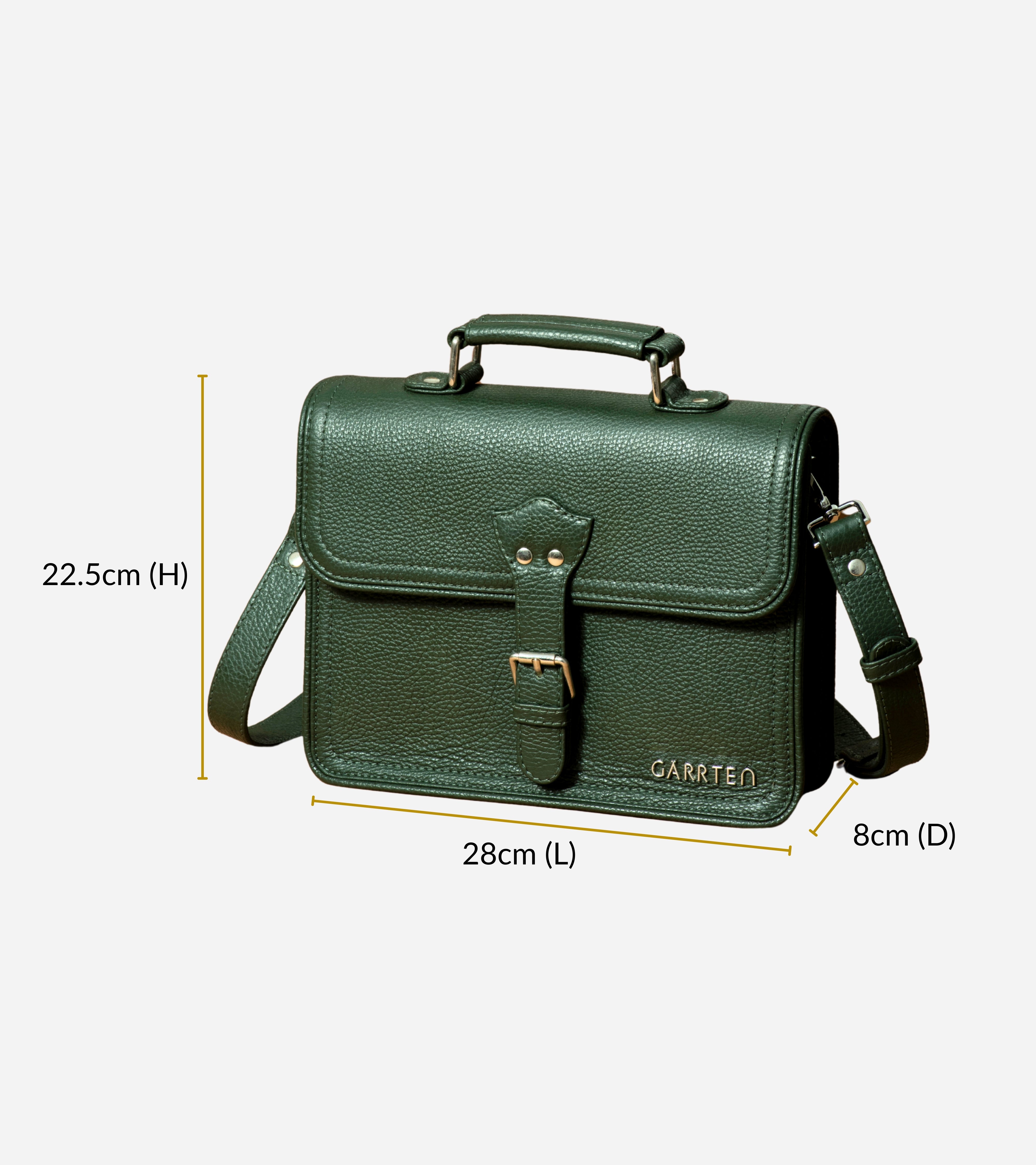 GARRTEN 538 satchel bag in forest green leather with measurements on a white background