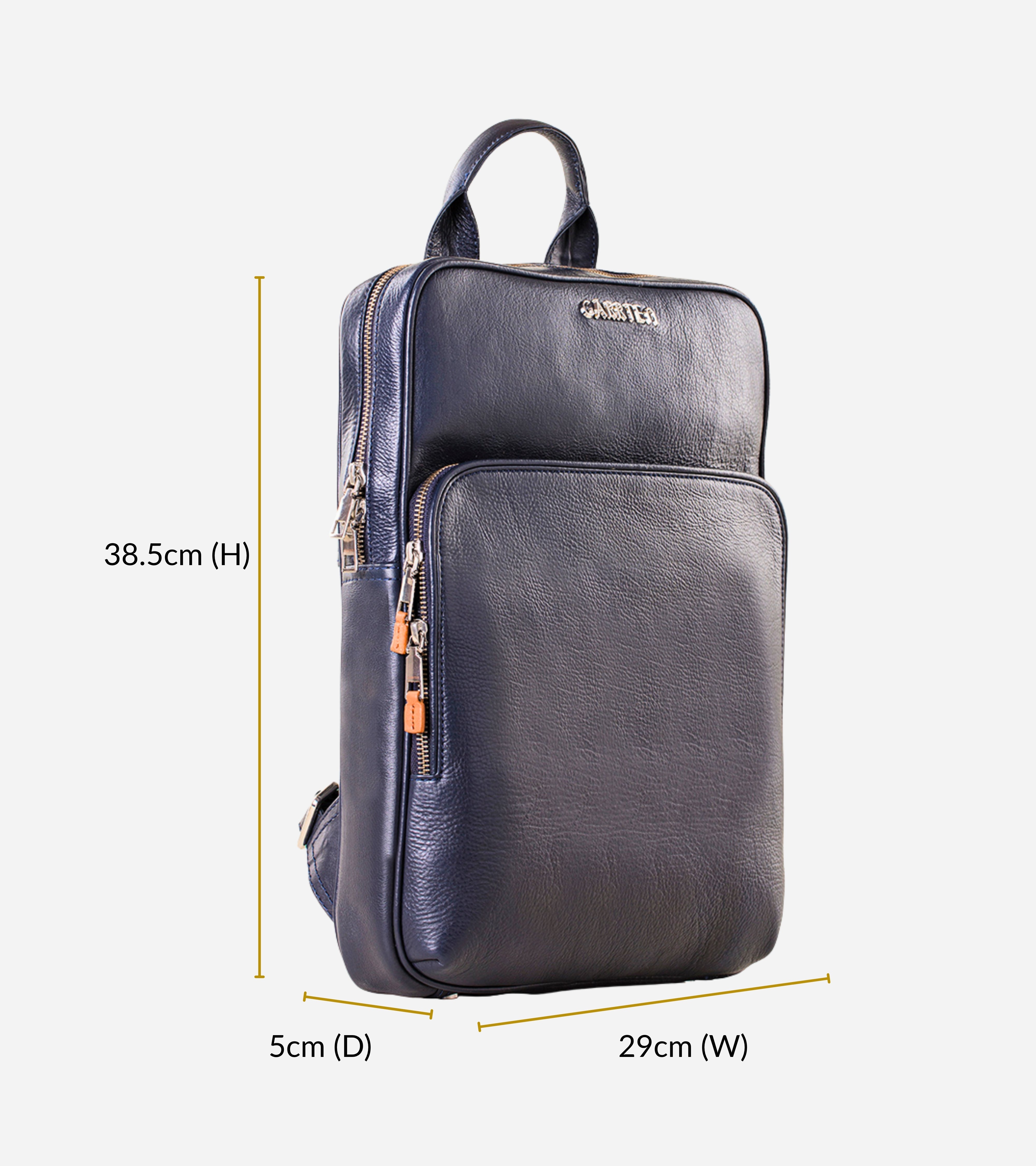 GARRTEN 731 slim style backpack in midnight blue leather with measurements on a white background