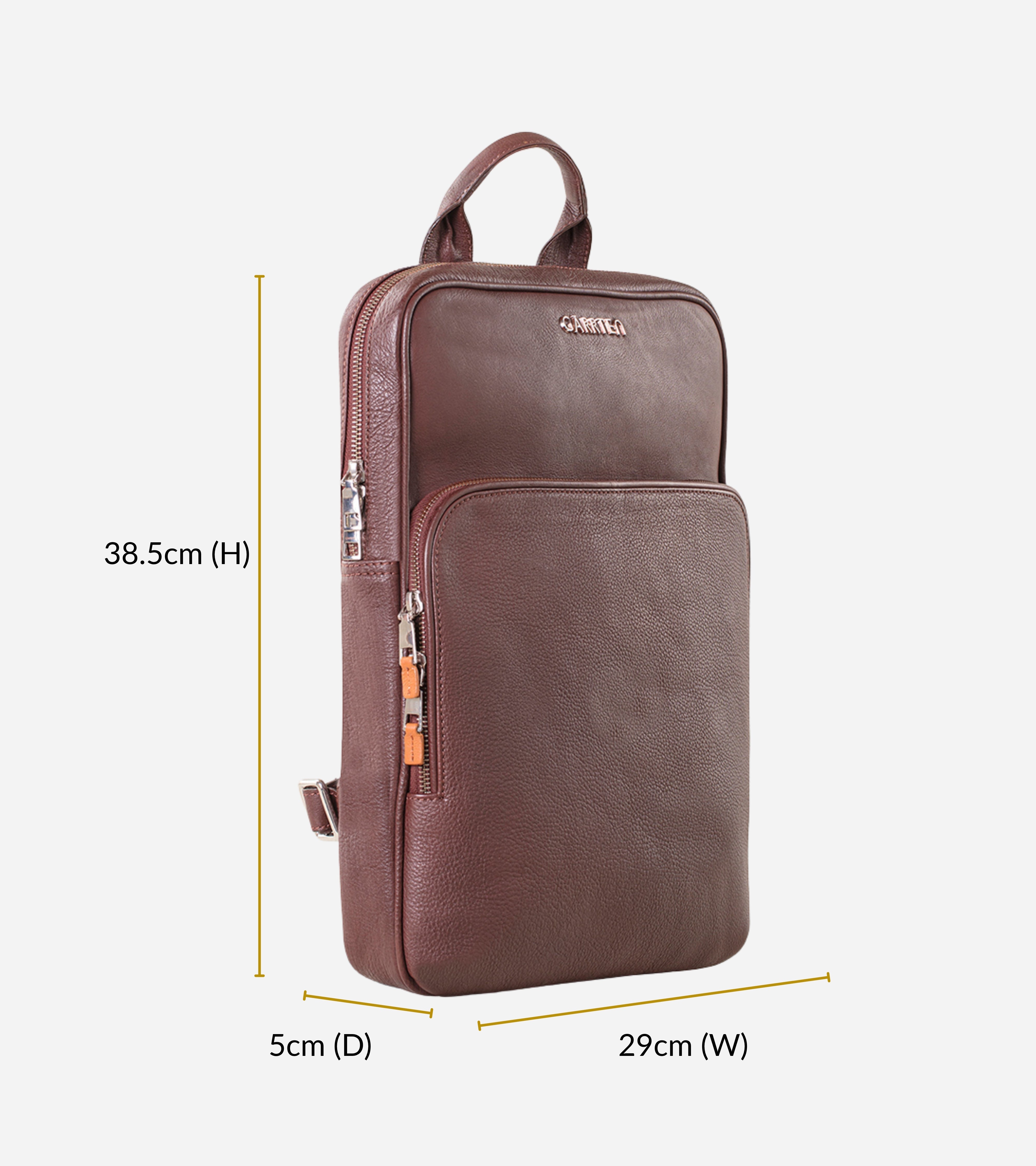 GARRTEN 731 slim style backpack in vintage mahogany brown leather with measurements on a white background