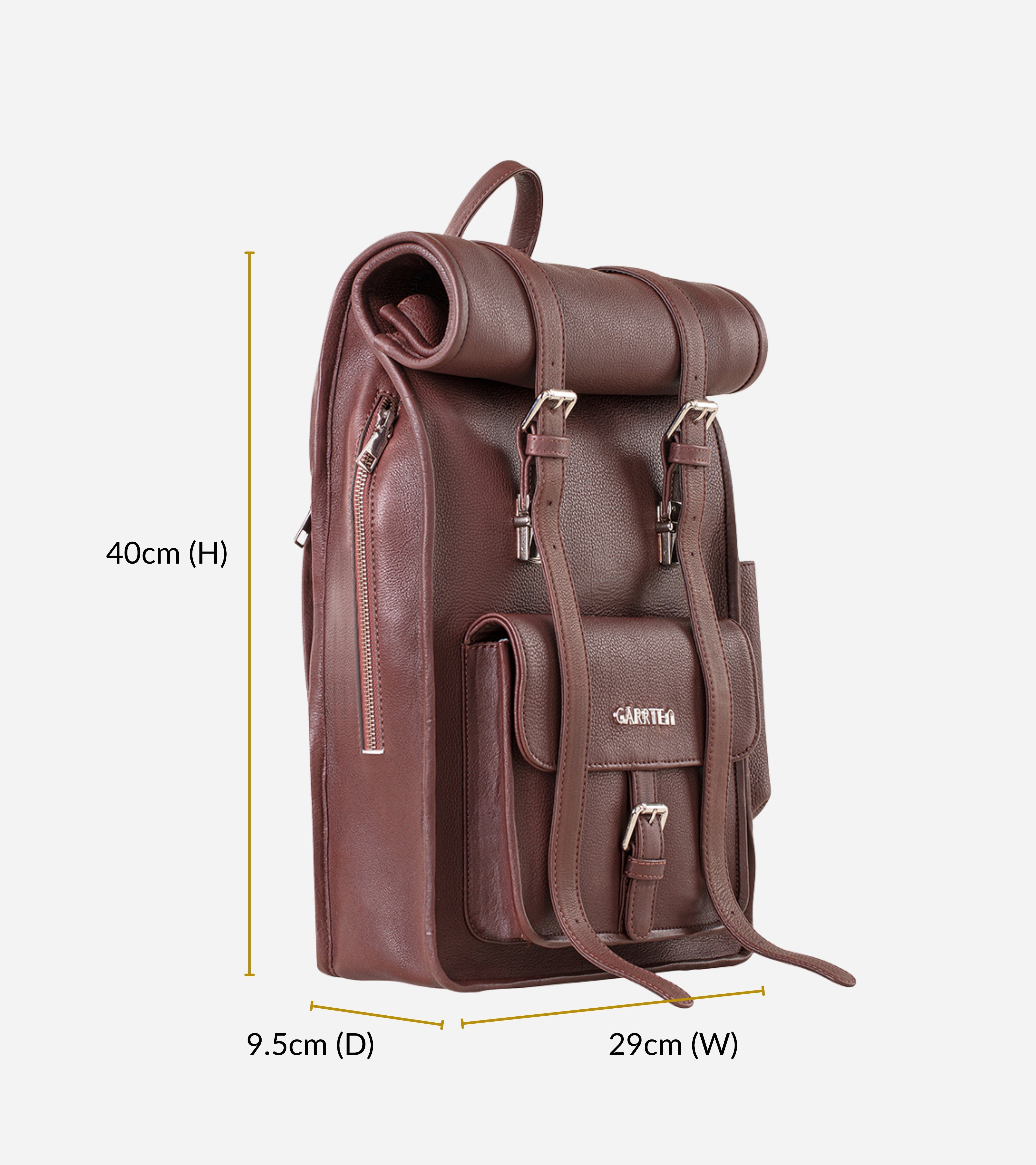 GARRTEN 751 rolltop style backpack in vintage mahogany brown leather with measurements on a white background