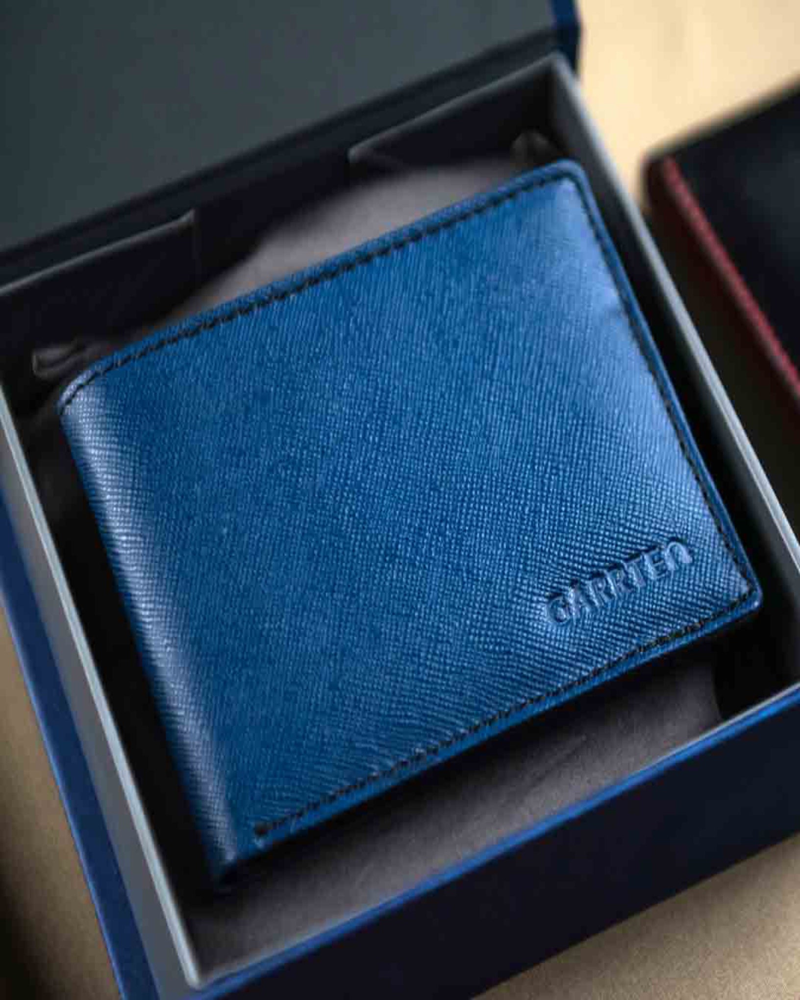 Garrten 319 Saffiano Leather Wallet in Prussian blue /black, in its packaging box