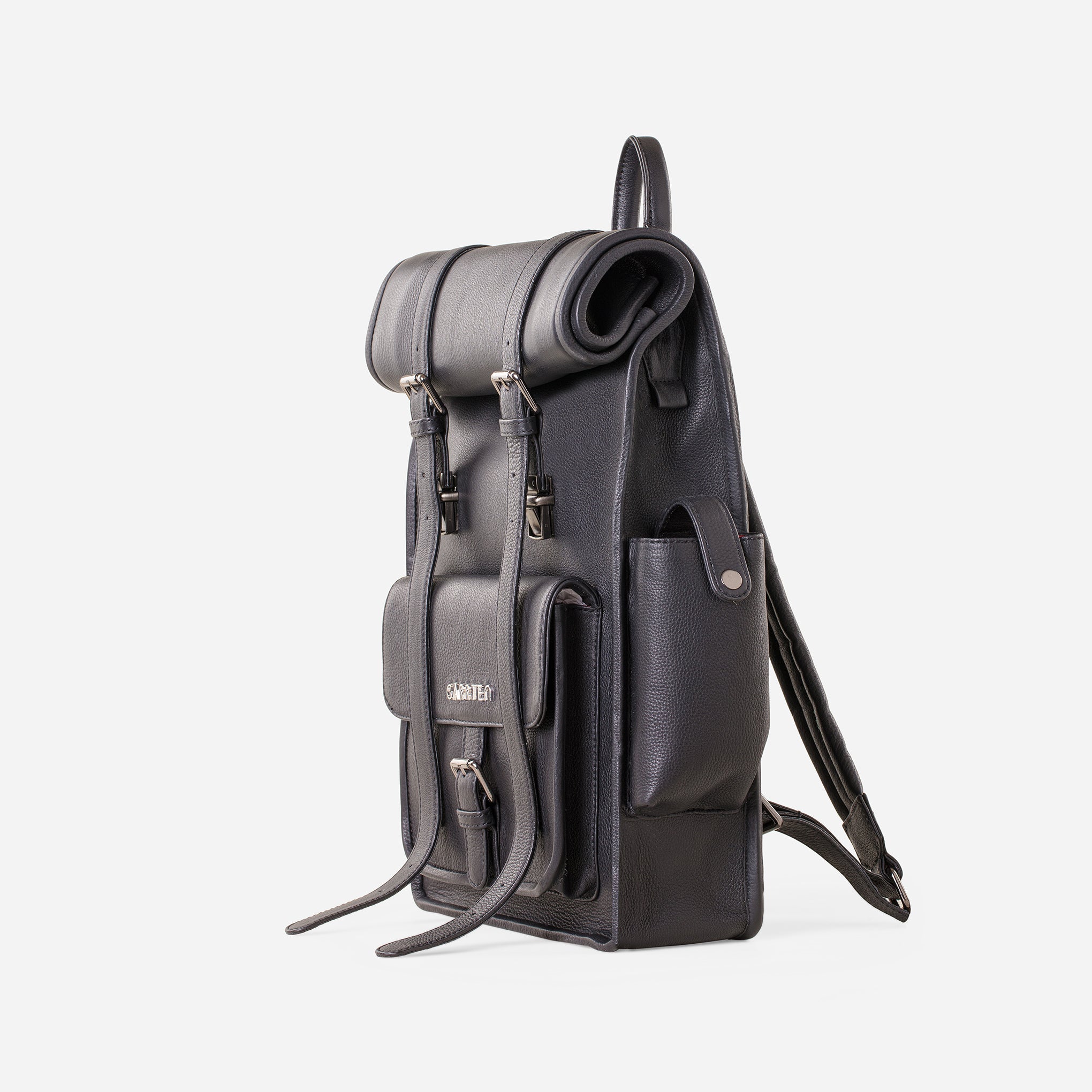 Black: right side view showing pocket of Garrten rolltop style full grain leather backpack