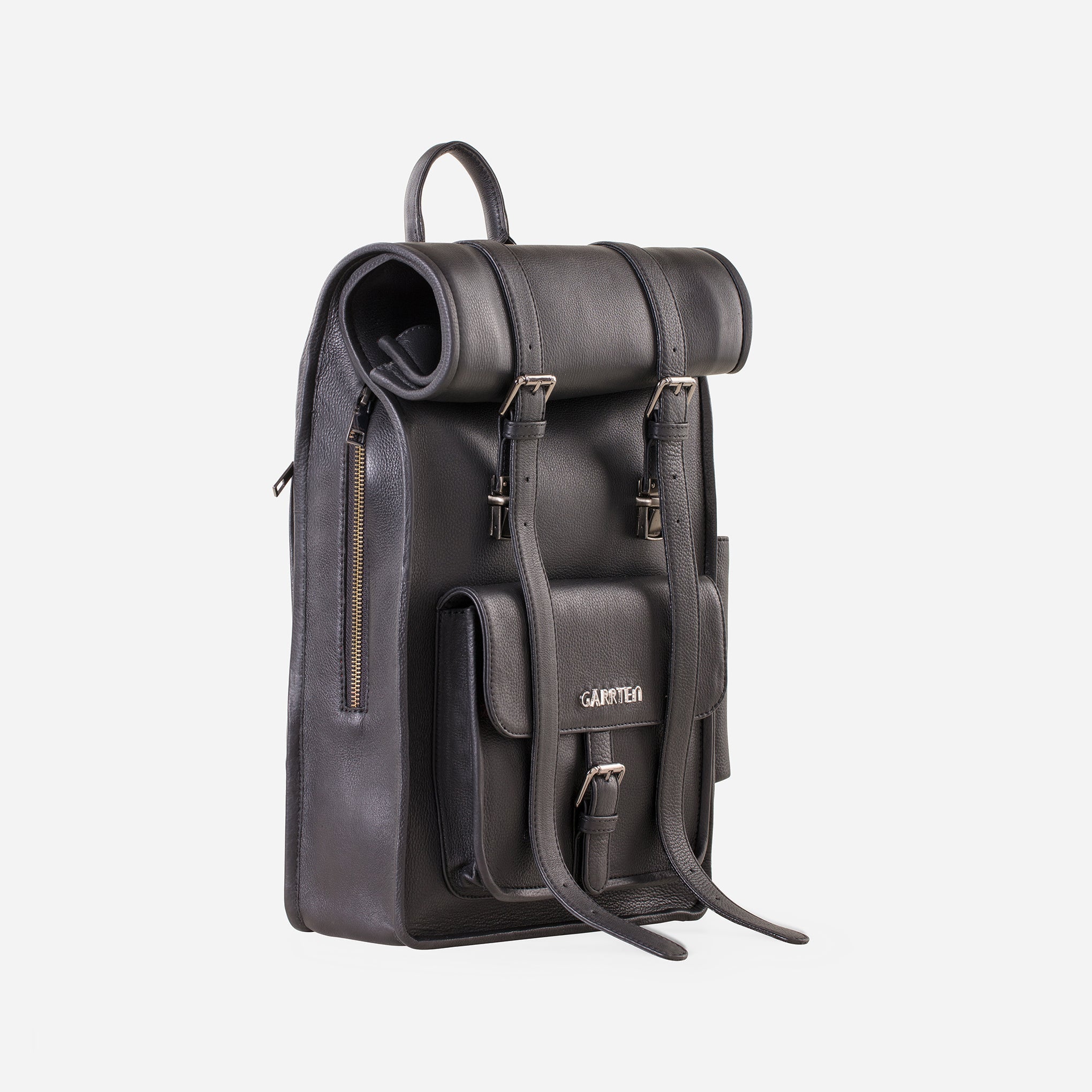 Carbon Black: Tilt view showing quick access side zipper pocket to access interior of Garrten's rolltop style full grain leather backpack