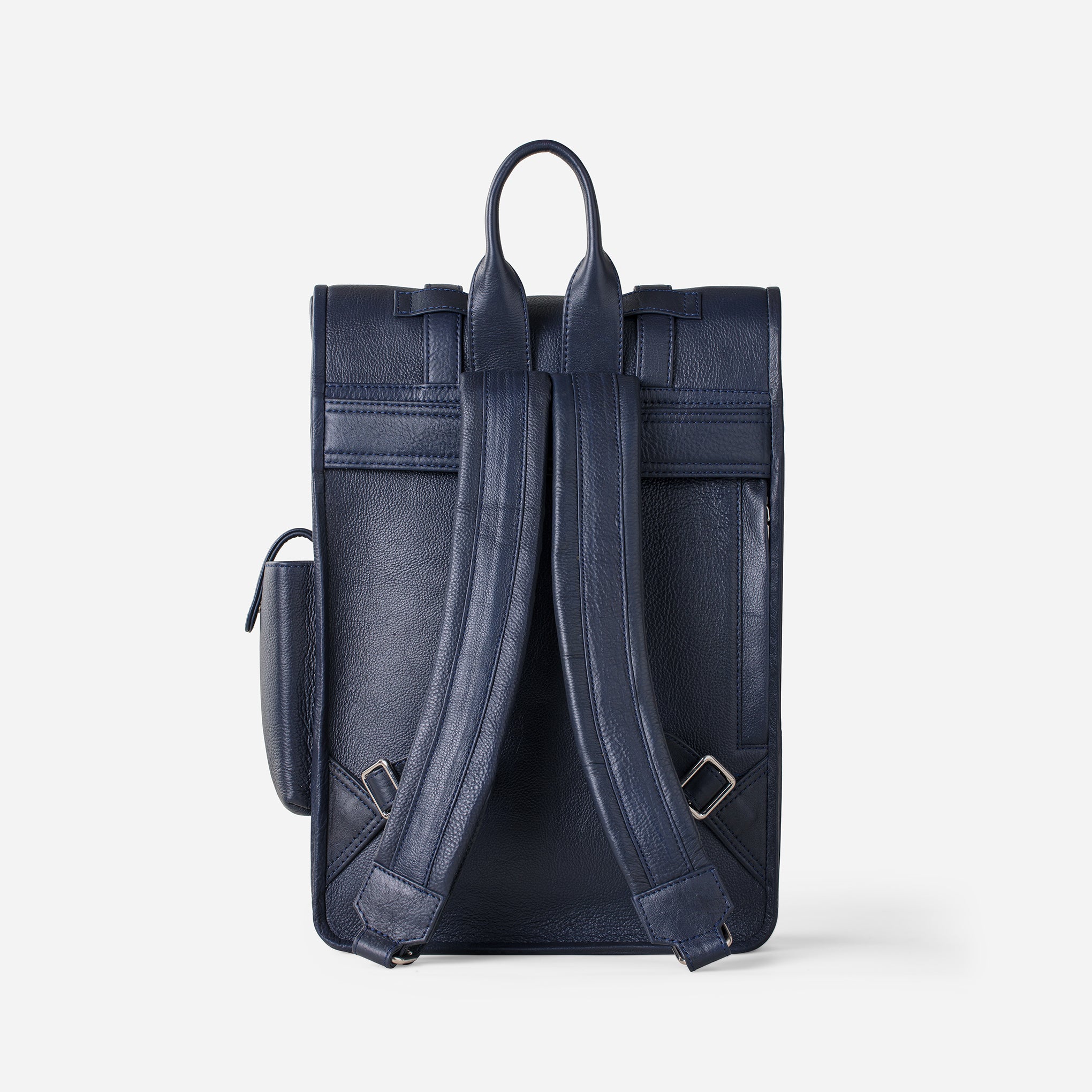 Midnight Blue: back view of Garrten rolltop style full grain leather backpack