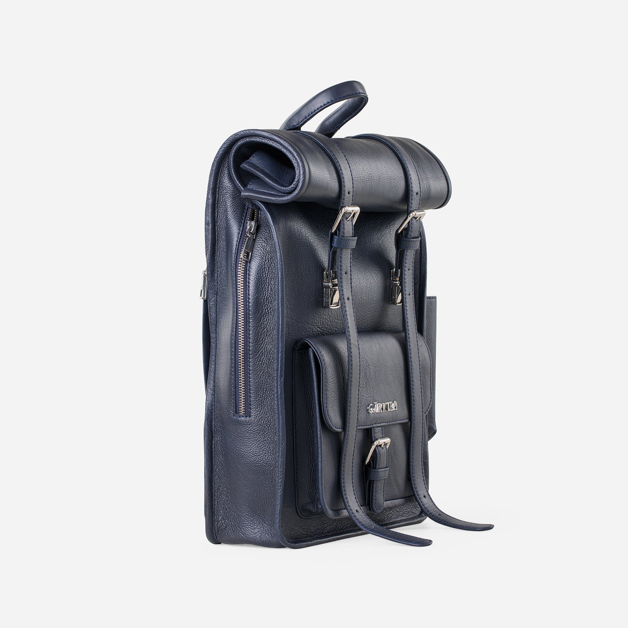 Midnight Blue: Tilt view showing quick access side zipper pocket to access interior of Garrten rolltop style full grain leather backpack