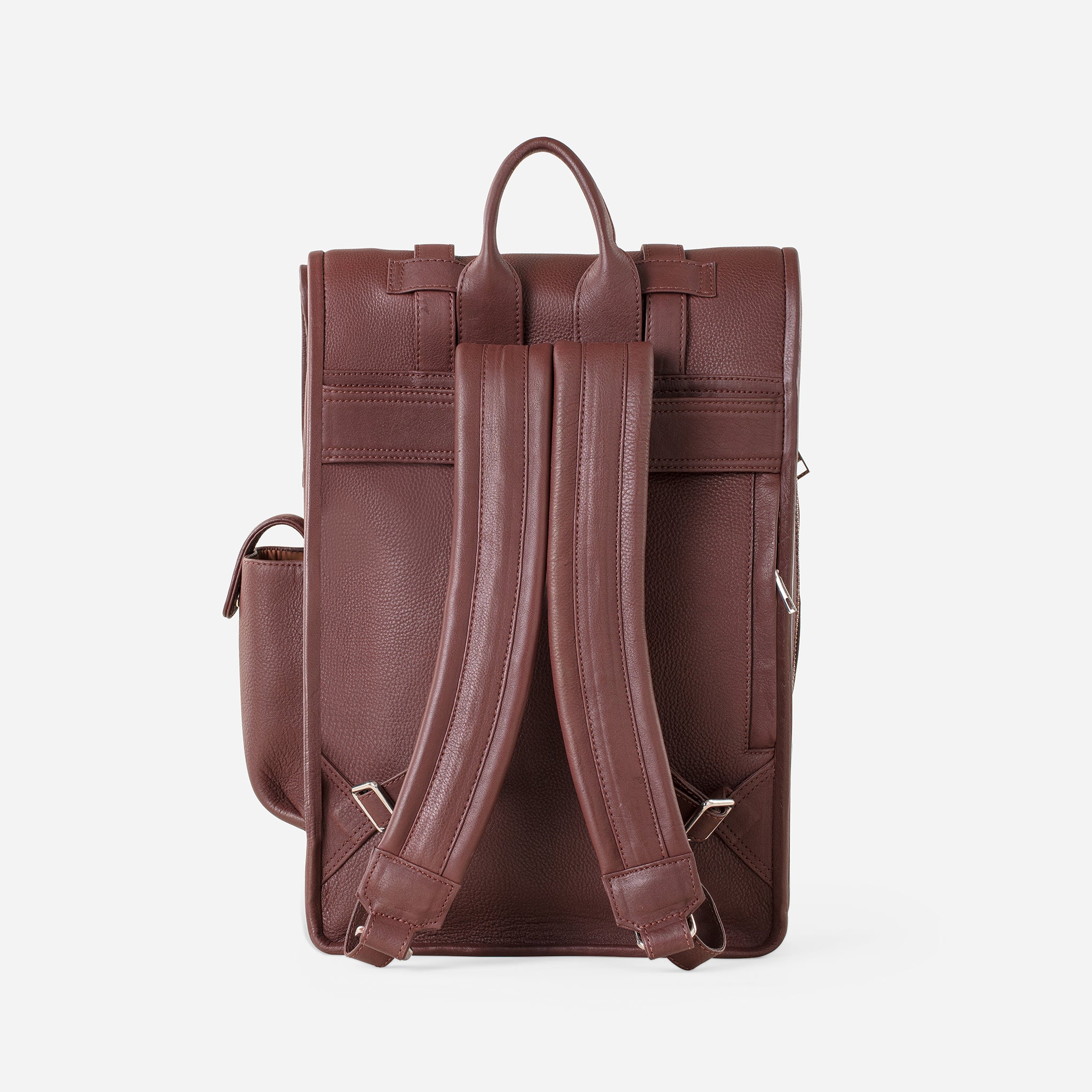 Vintage Mahogany Brown: back view of Garrten rolltop style full grain leather backpack