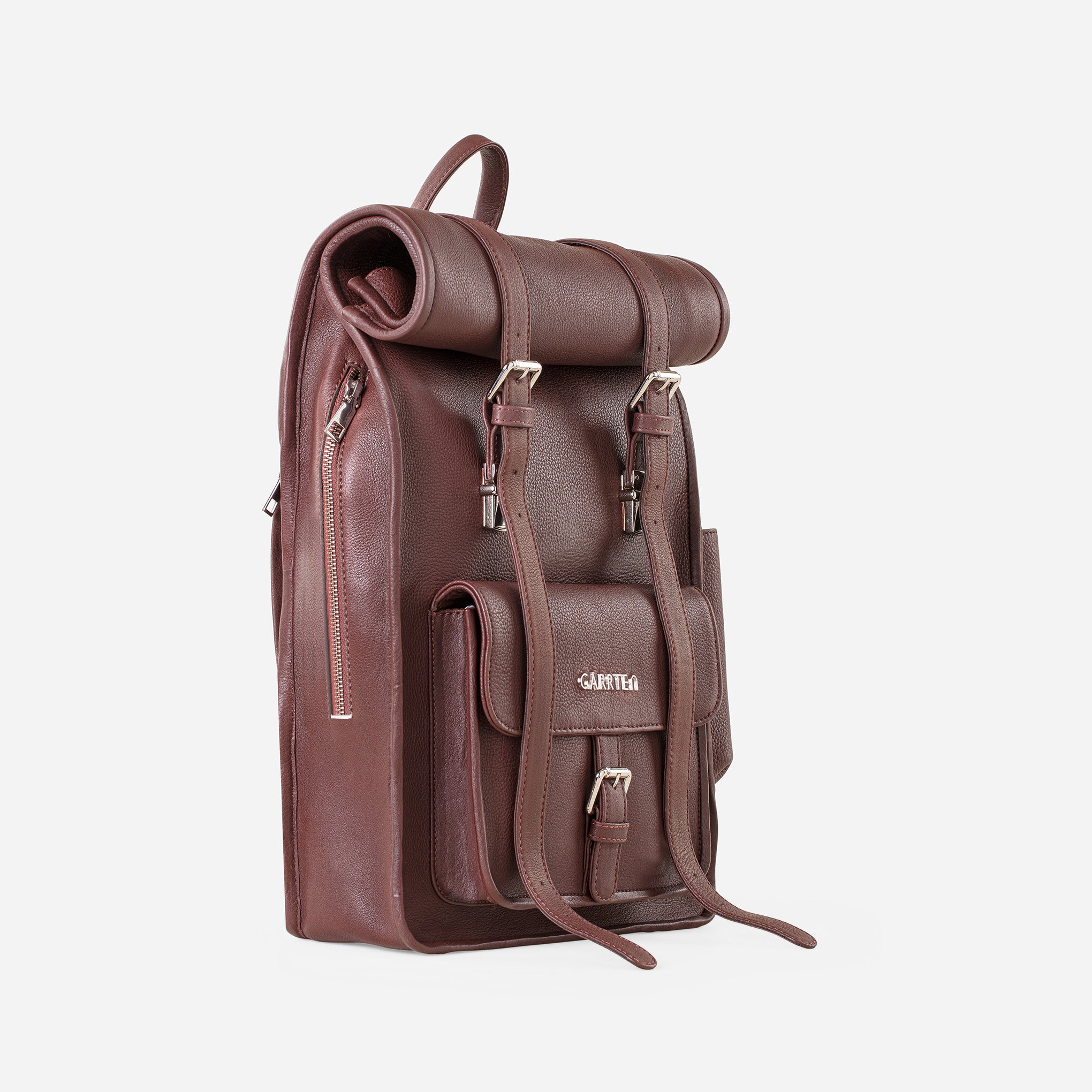 Mahogany Brown: Tilt view showing quick access side zipper pocket to access interior of Garrten rolltop style full grain leather backpack