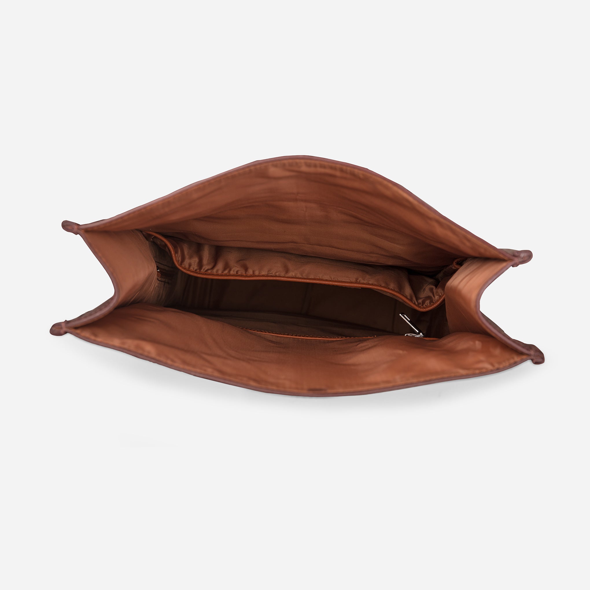 Vintage Mahogany Brown: top view showing cinnamon inside of Garrten rolltop style full grain leather backpack