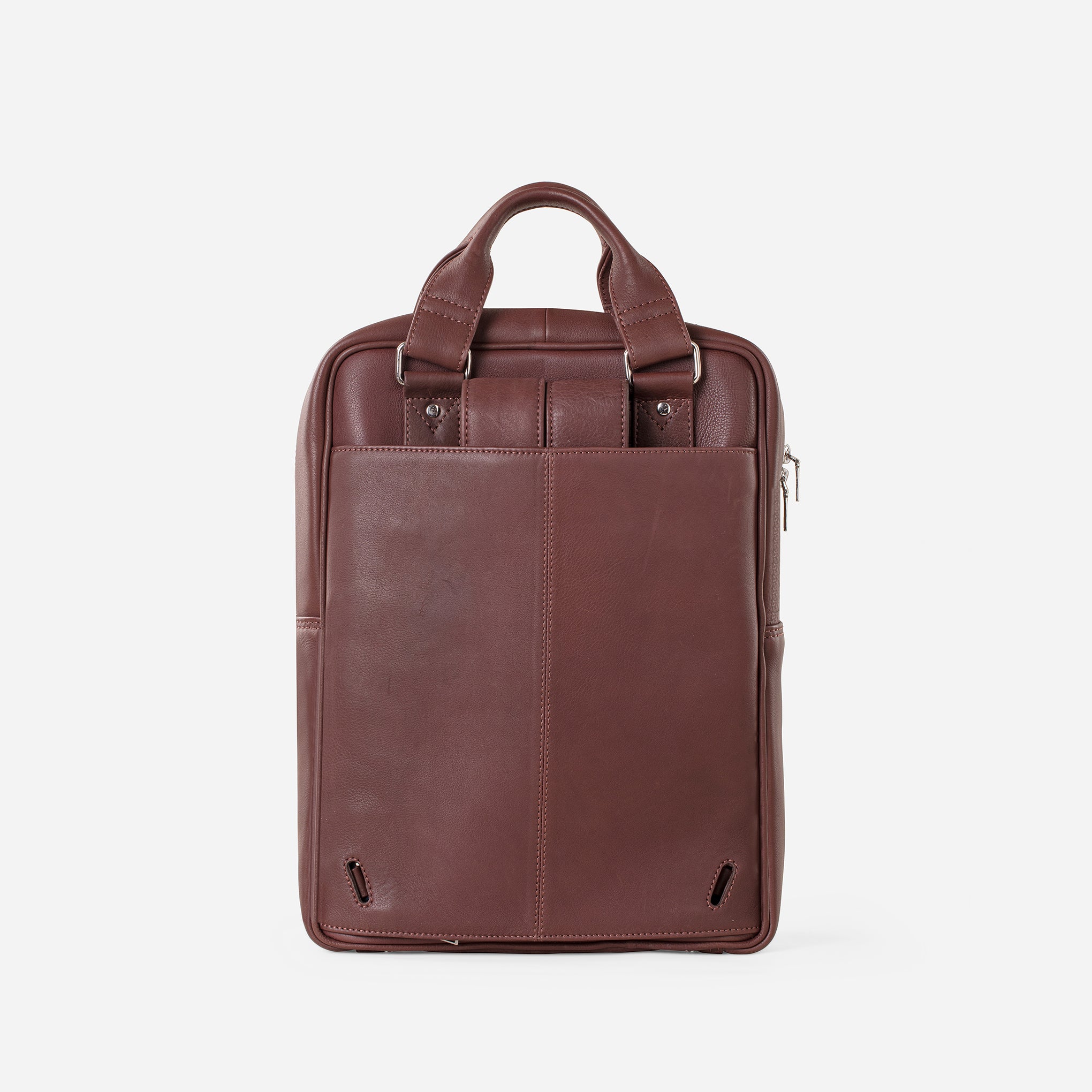Vintage Mahogany Brown: back view of Garrten signature convertible full grain leather backpack