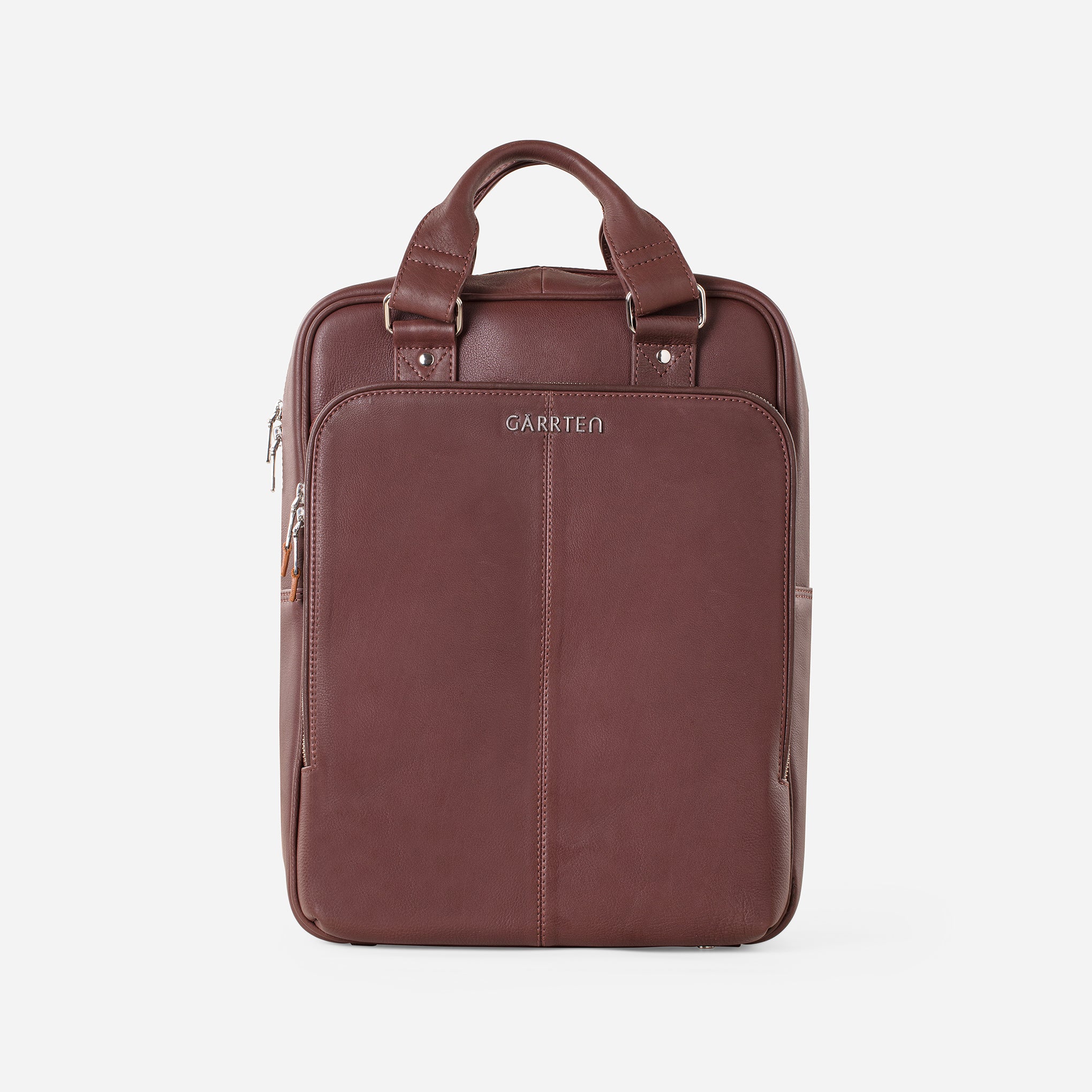 Mahogany Brown: front view of Garrten signature convertible full grain leather backpack