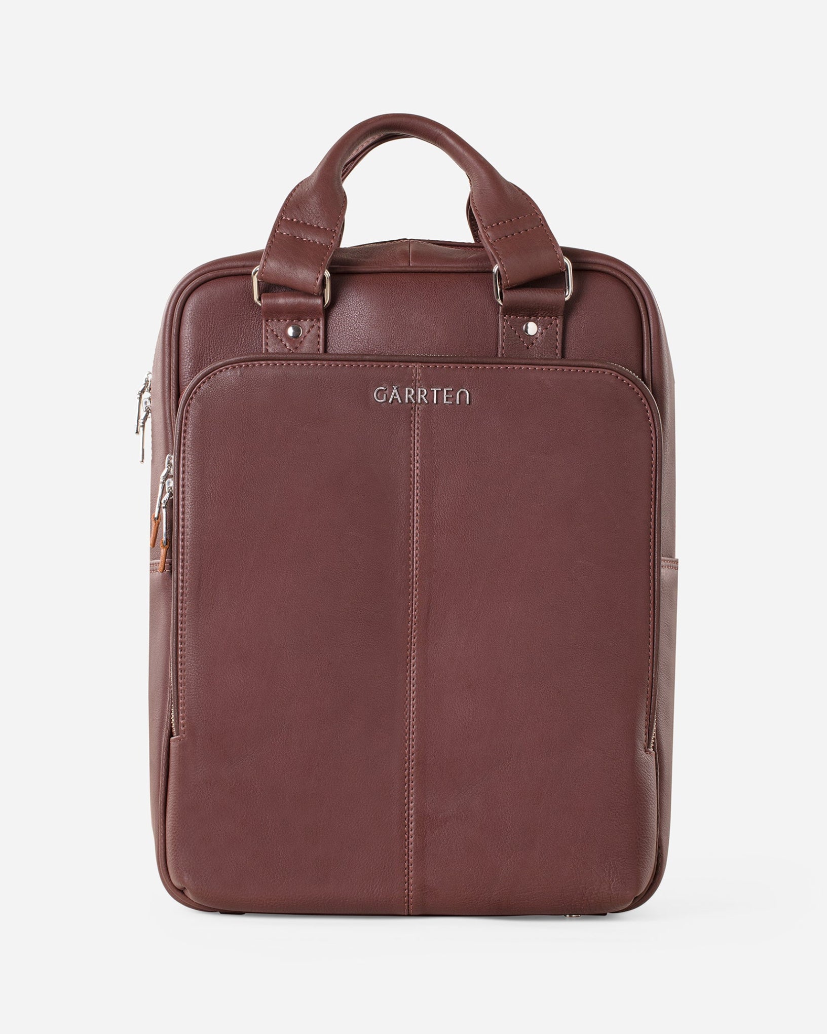 Mahogany Brown: front view of Garrten signature convertible full grain leather backpack