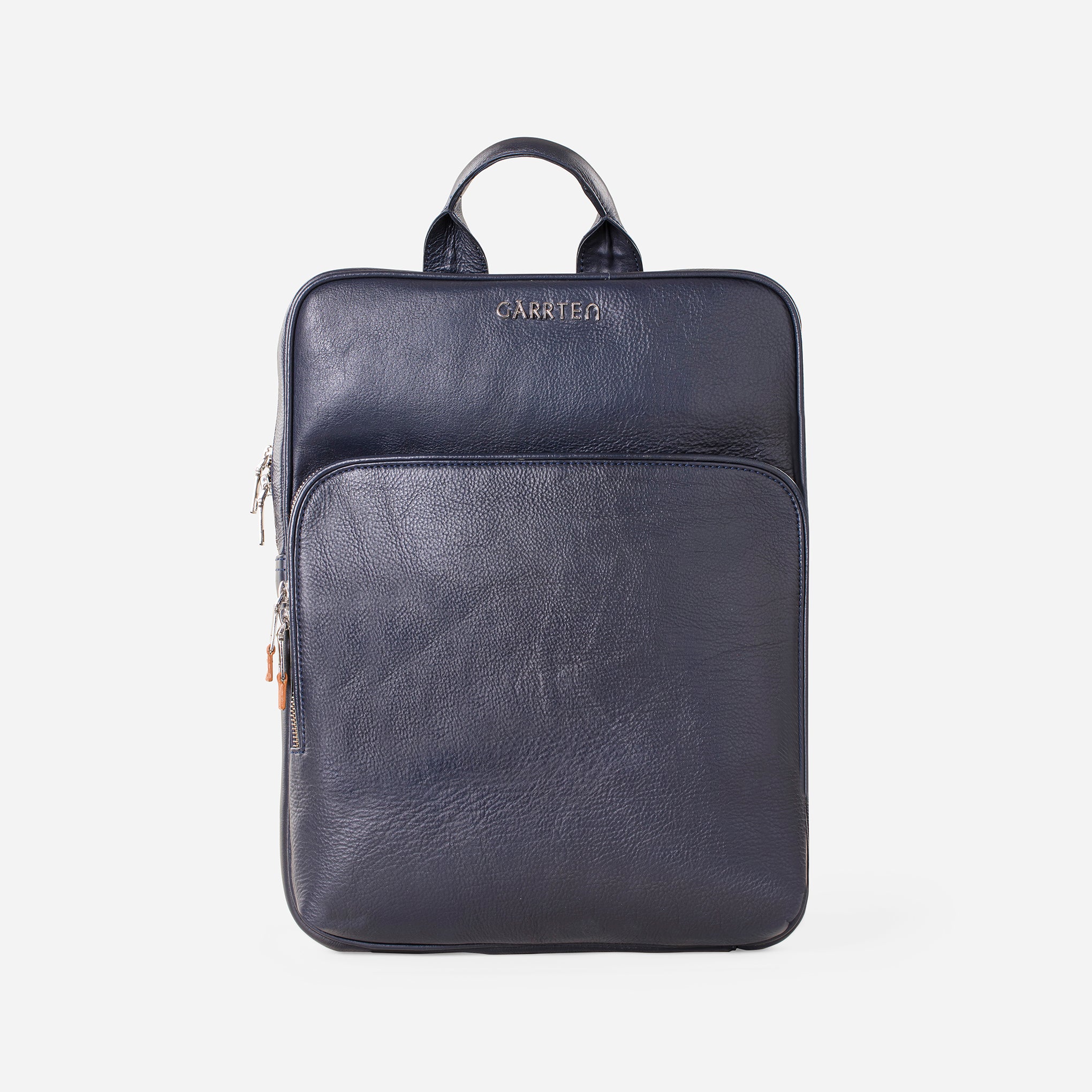 Blue: front view of Garrten slim full grain leather backpack