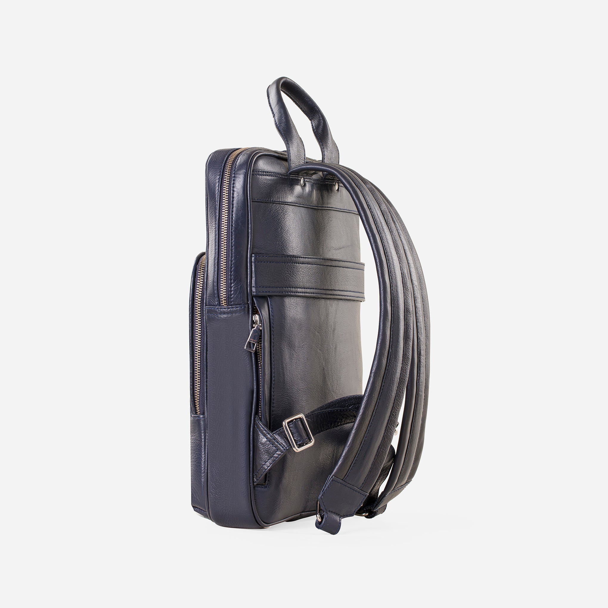 Midnight Blue: side view with padded leather straps of Garrten slim full grain leather backpack