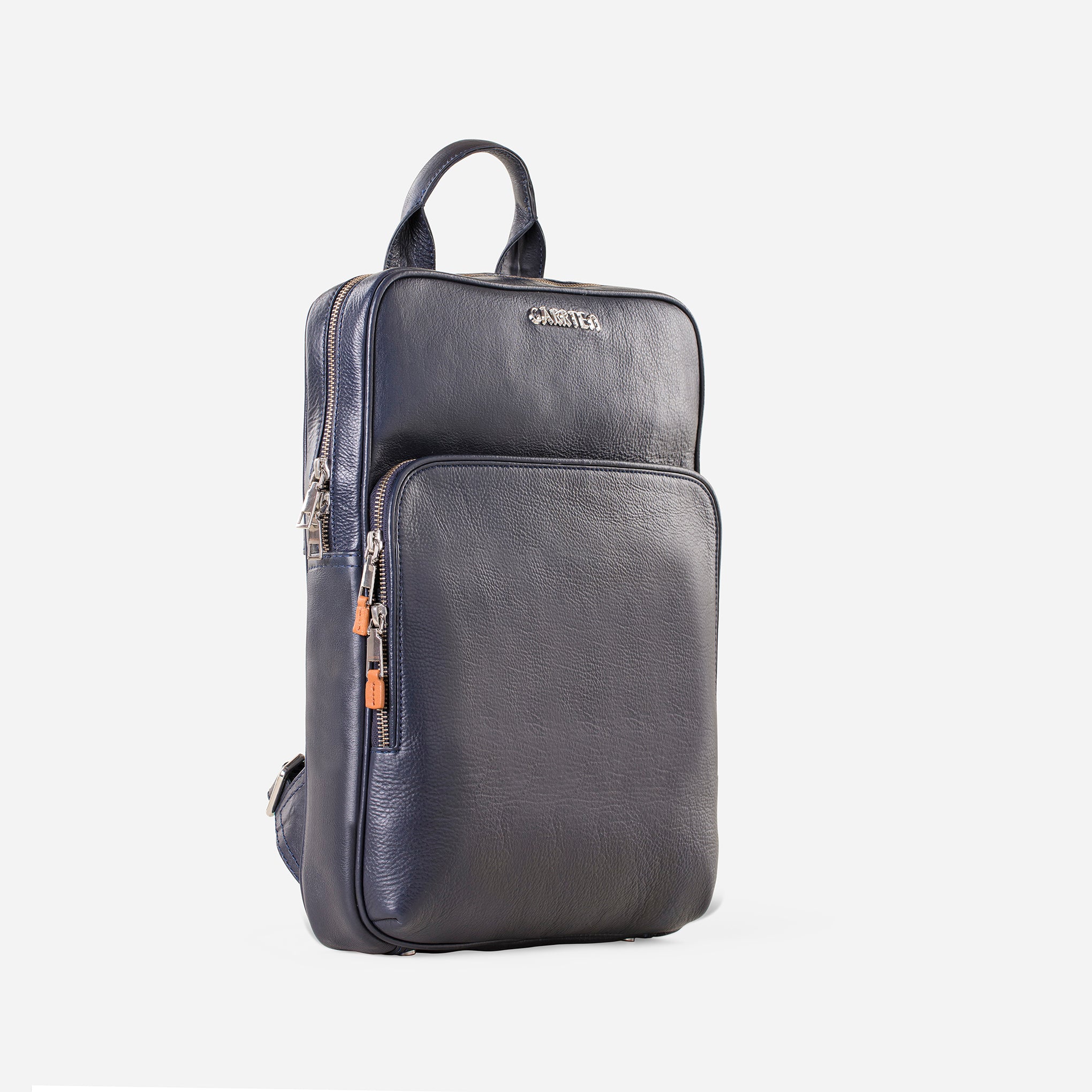 Midnight Blue: tilt view of Garrten slim full grain leather backpack