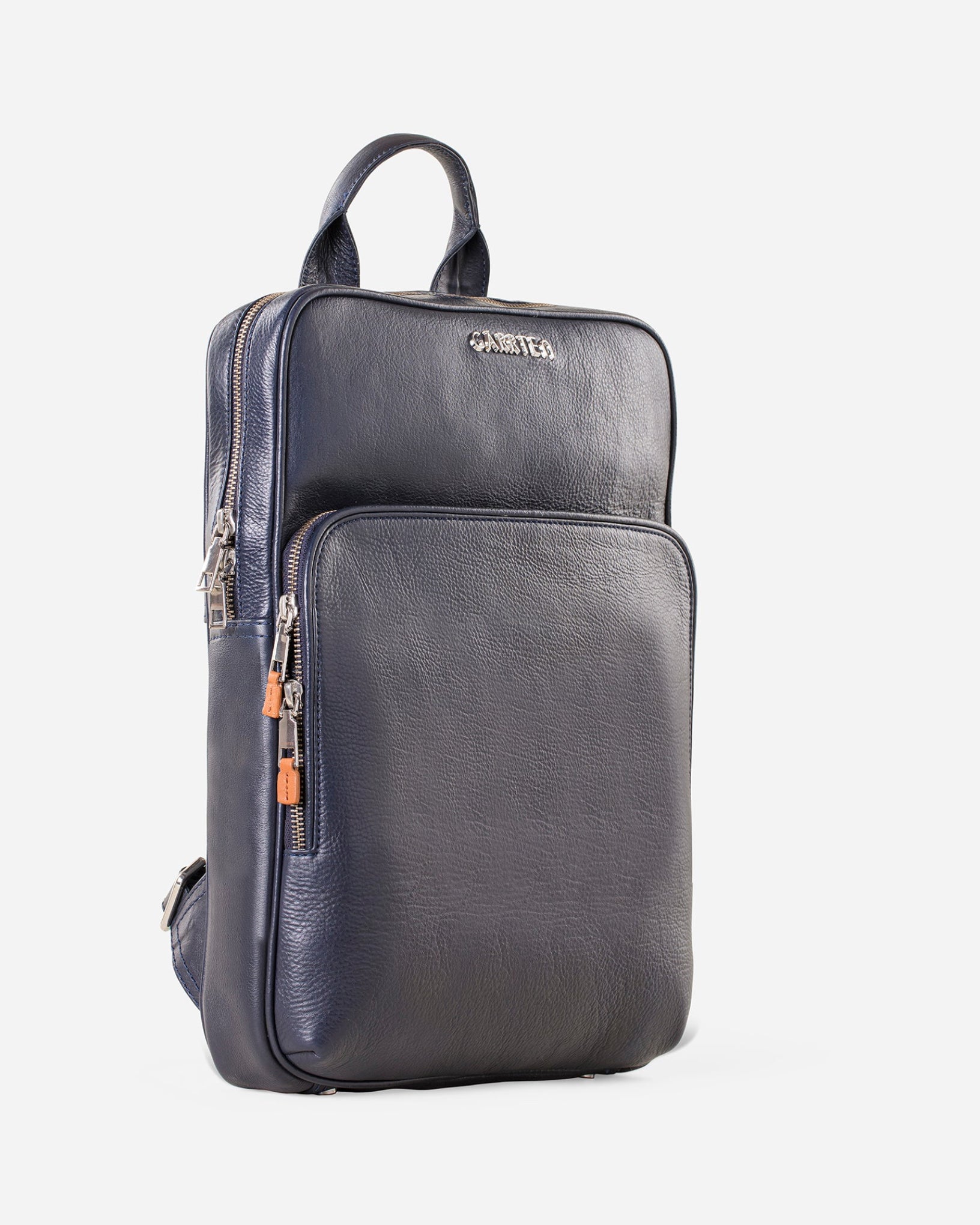 GARRTEN 731 slim full-grain leather backpack in midnight blue — diagonal tilt view showing structured slim body, white background