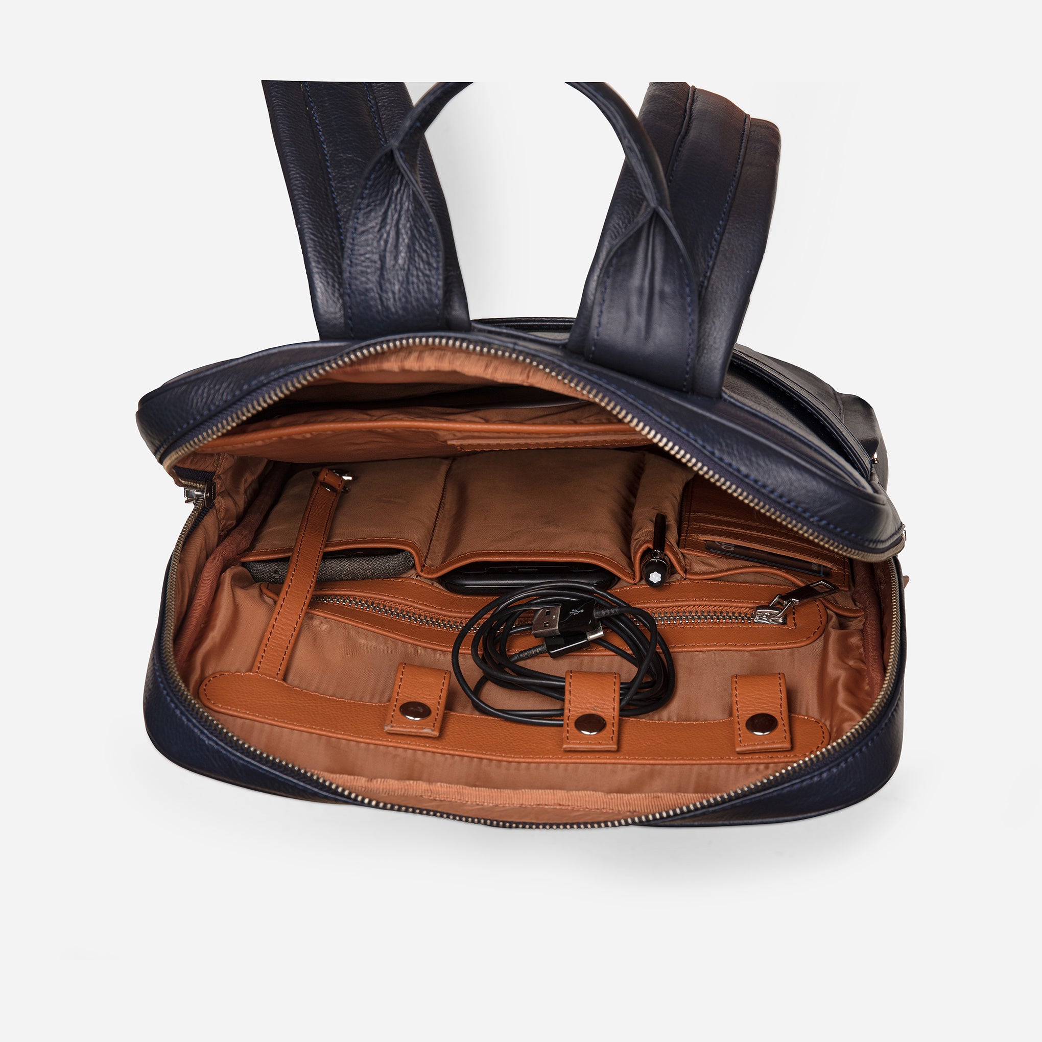 Midnight Blue: top inside view showing cable loops, zipper pocket & laptop compartment of Garrten slim leather backpack