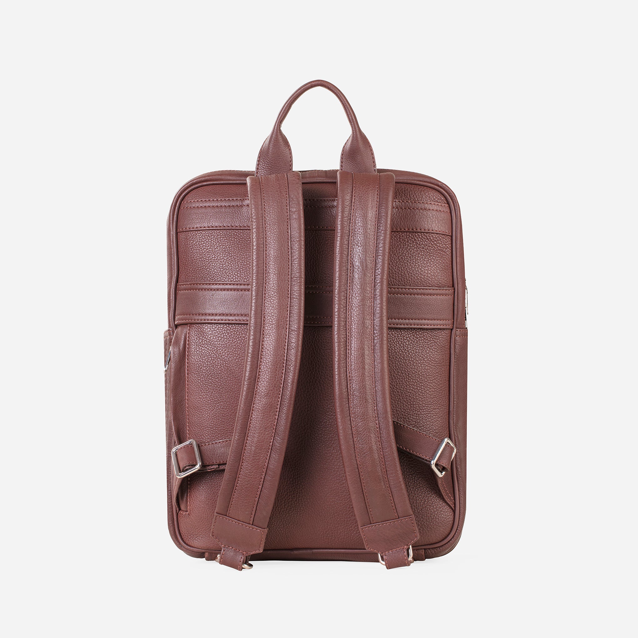 Vintage Mahogany Brown: back view of Garrten slim full grain leather backpack