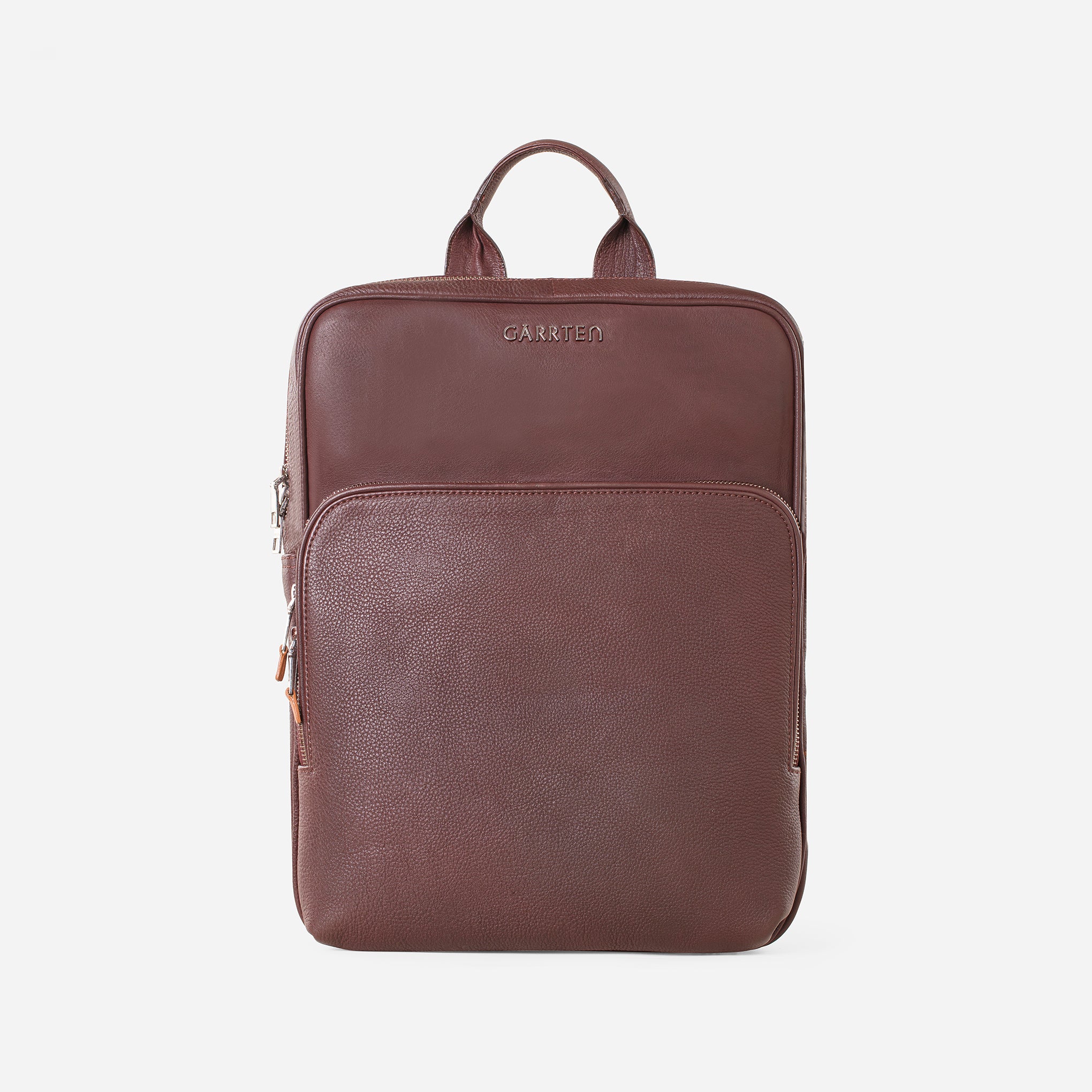 Mahogany Brown: front view of Garrten slim full grain leather backpack