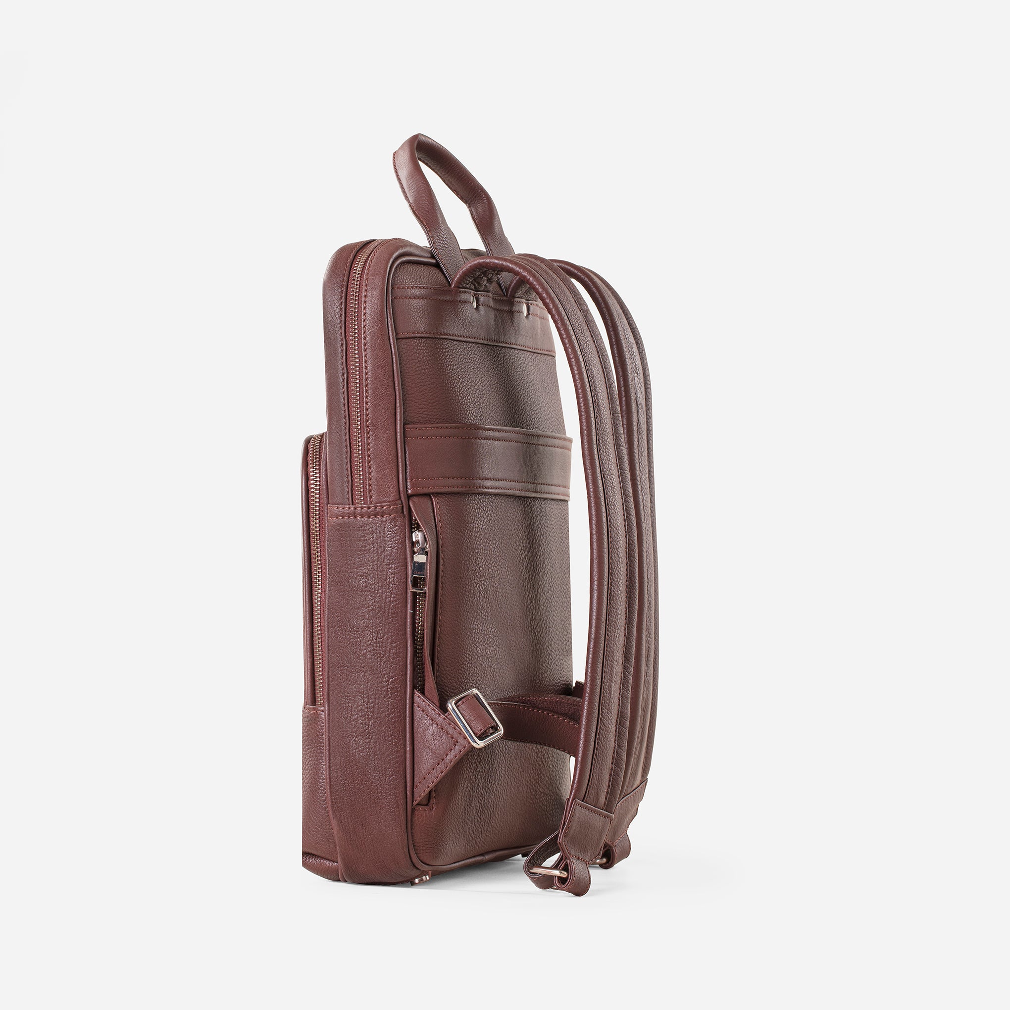 Vintage Mahogany Brown: side view with padded leather straps of Garrten slim full grain leather backpack
