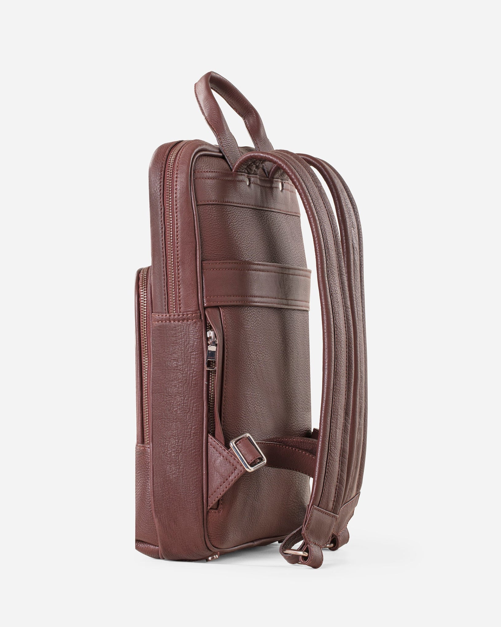 GARRTEN 731 slim full-grain leather backpack in vintage mahogany brown — side view showing adjustable padded leather shoulder straps and ultra-slim 5cm depth profile