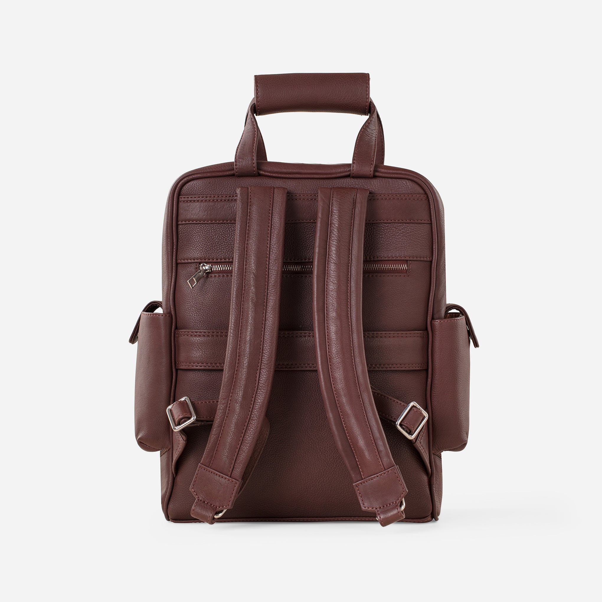Vintage Mahogany Brown: back view of Garrten travel full grain leather backpack