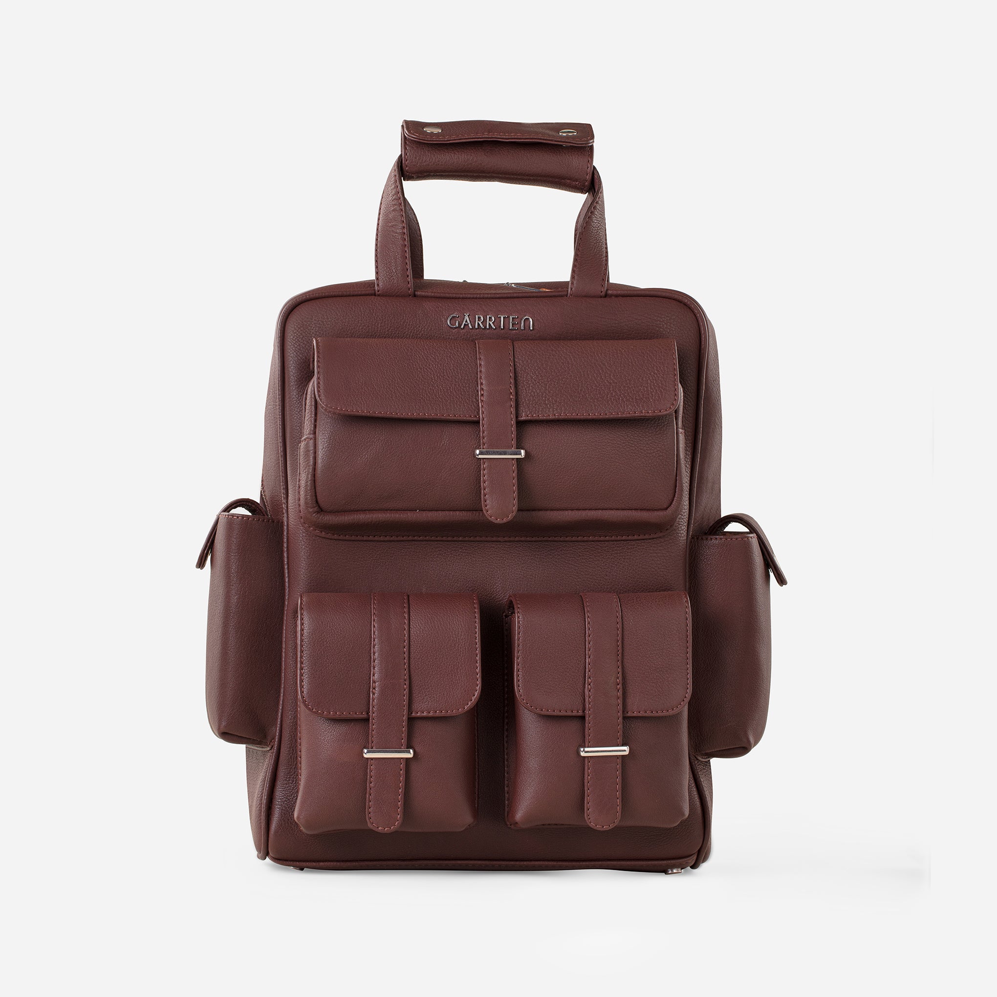 Mahogany Brown: front view of Garrten travel full grain leather backpack