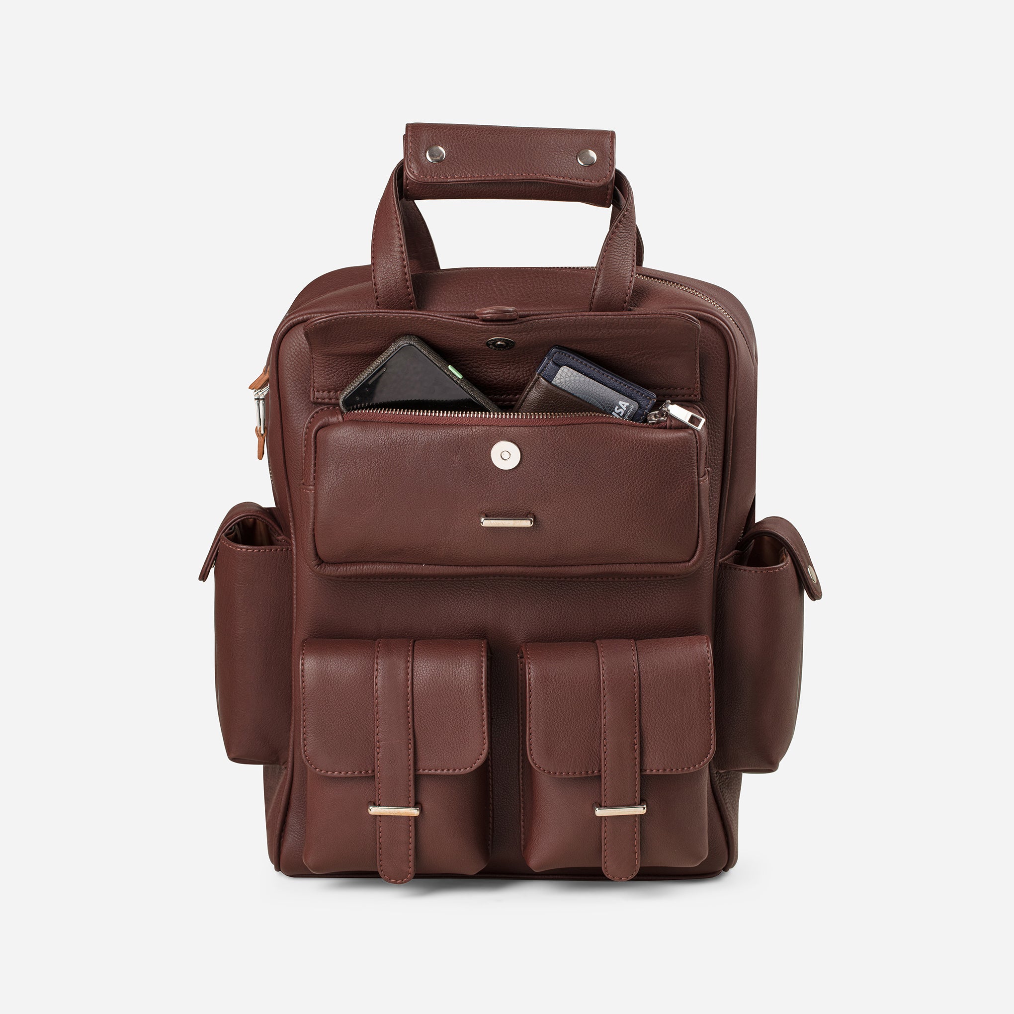 Vintage Mahogany Brown: front view of opened top zipper pocket of Garrten travel full grain leather backpack