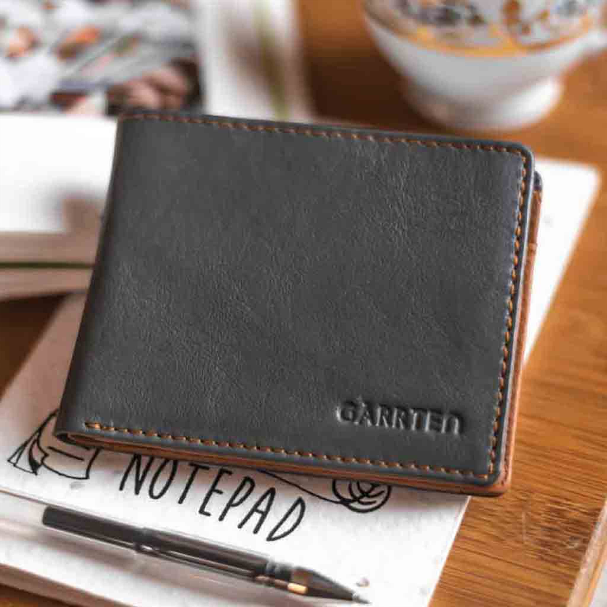 Grey/Tan: Garrten slim full grain single billfold leather purse