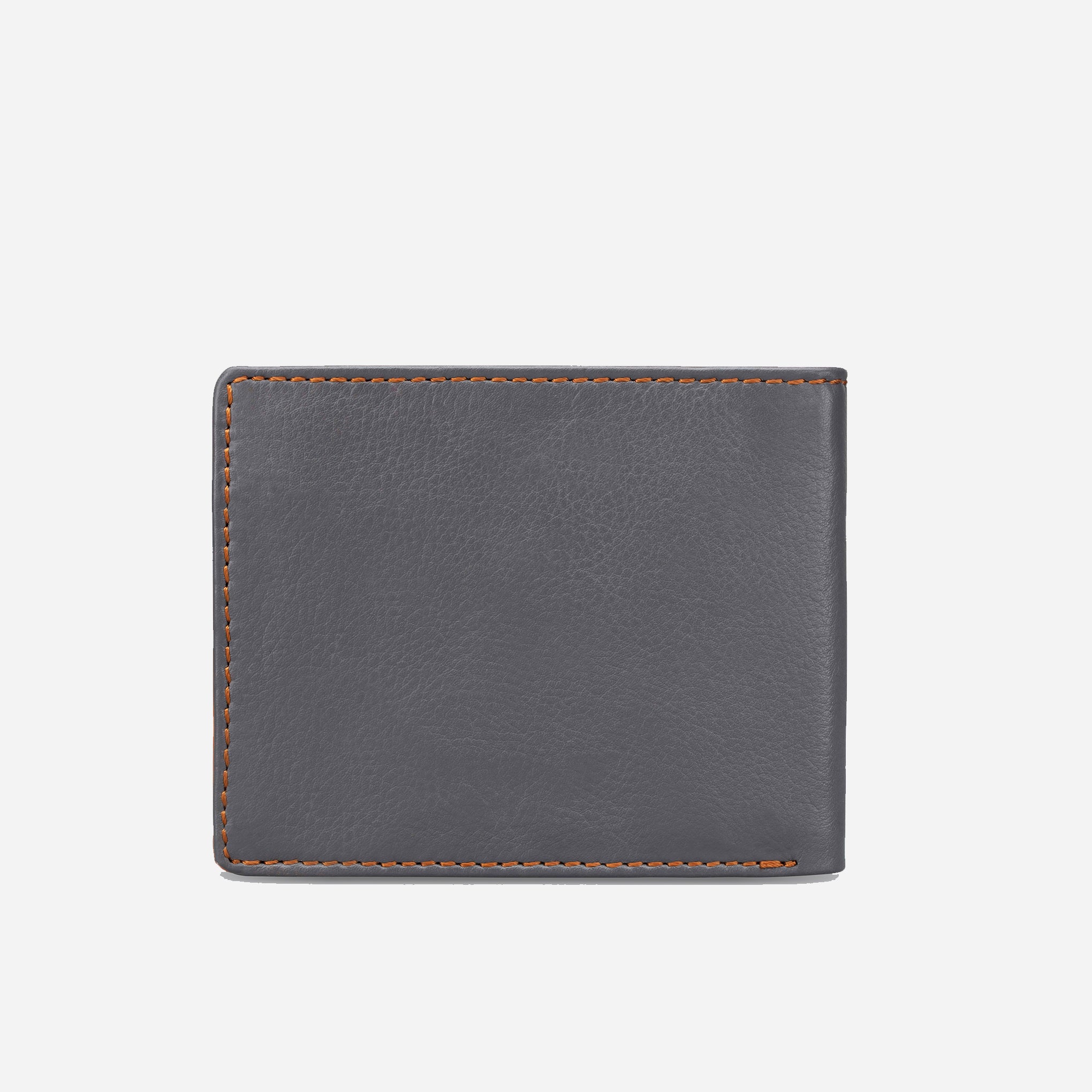 Grey/Tan: back view of Garrten slim full grain single billfold leather purse