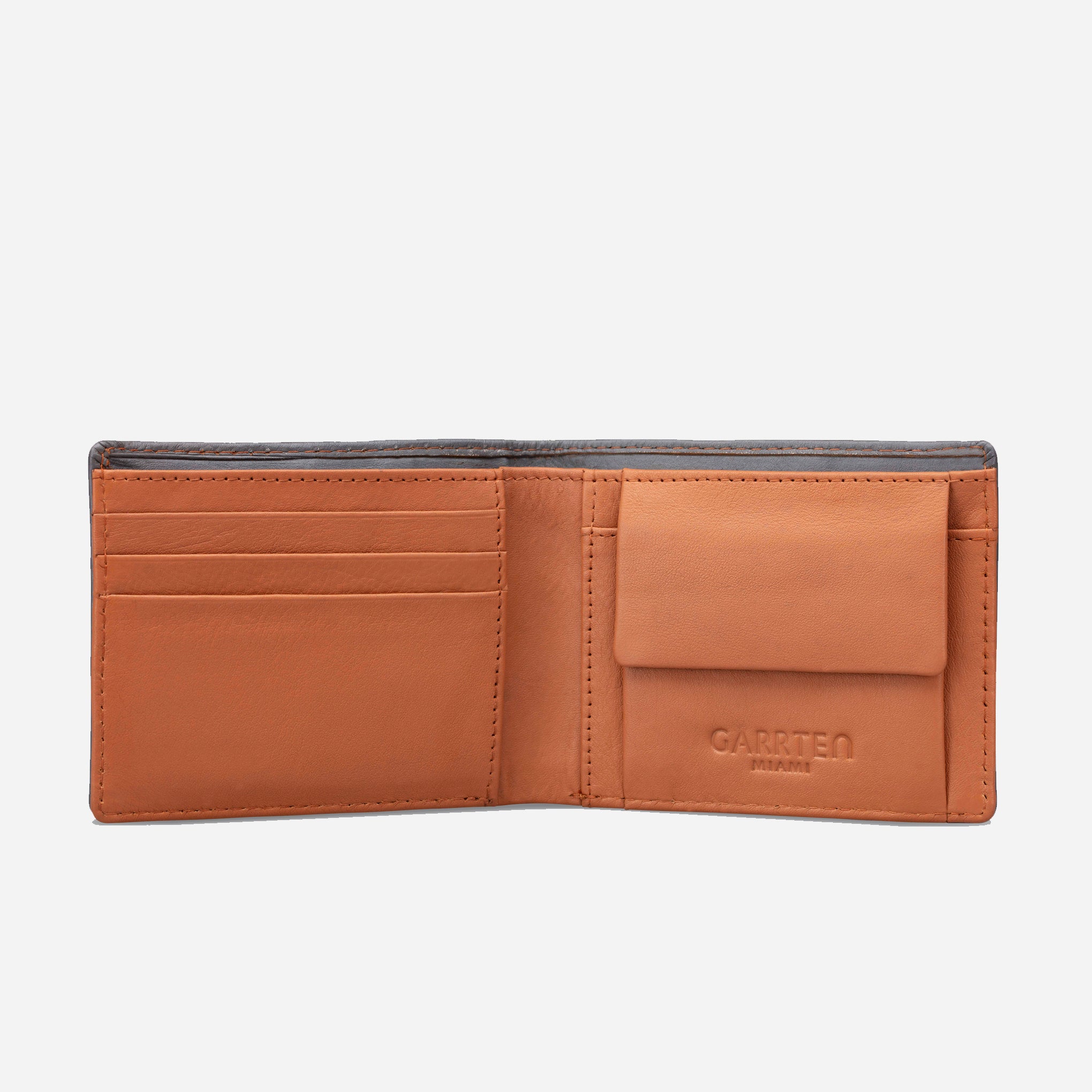 Grey/Tan: open wallet view with flap coin pocket of Garrten slim full grain single billfold leather purse