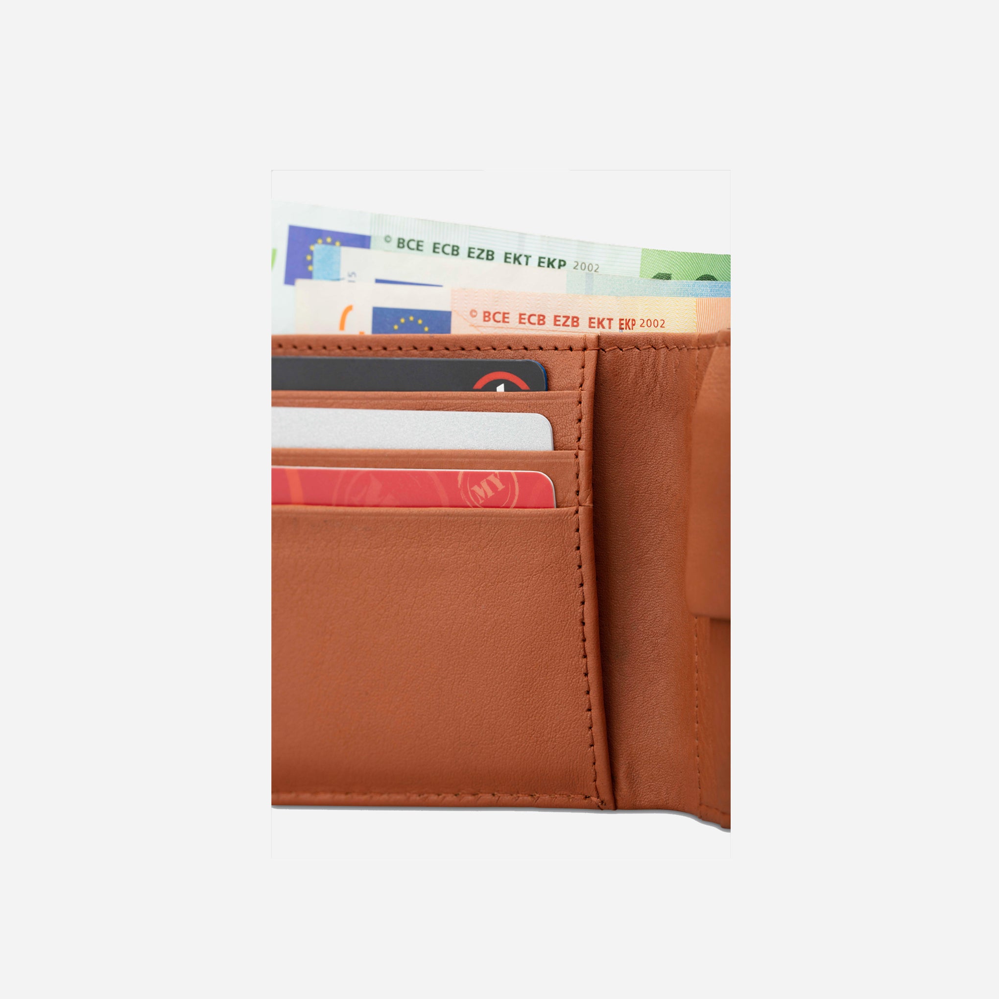 Grey/Tan: card slots view of Garrten slim full grain single billfold leather purse