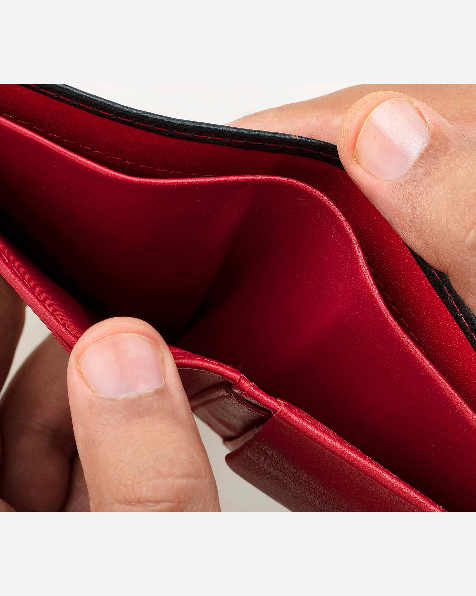 GARRTEN 219 full grain leather wallet — interior red leather billfold divider view showing dual bill compartments