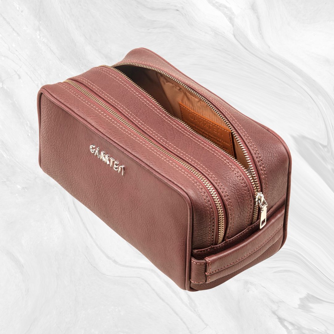 Mahogany Brown: tilted front view of Garrten full grain leather dopp kit