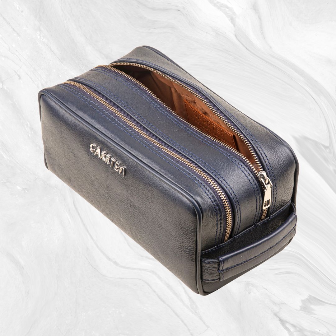 Blue: tilted front view of Garrten full grain leather dopp kit