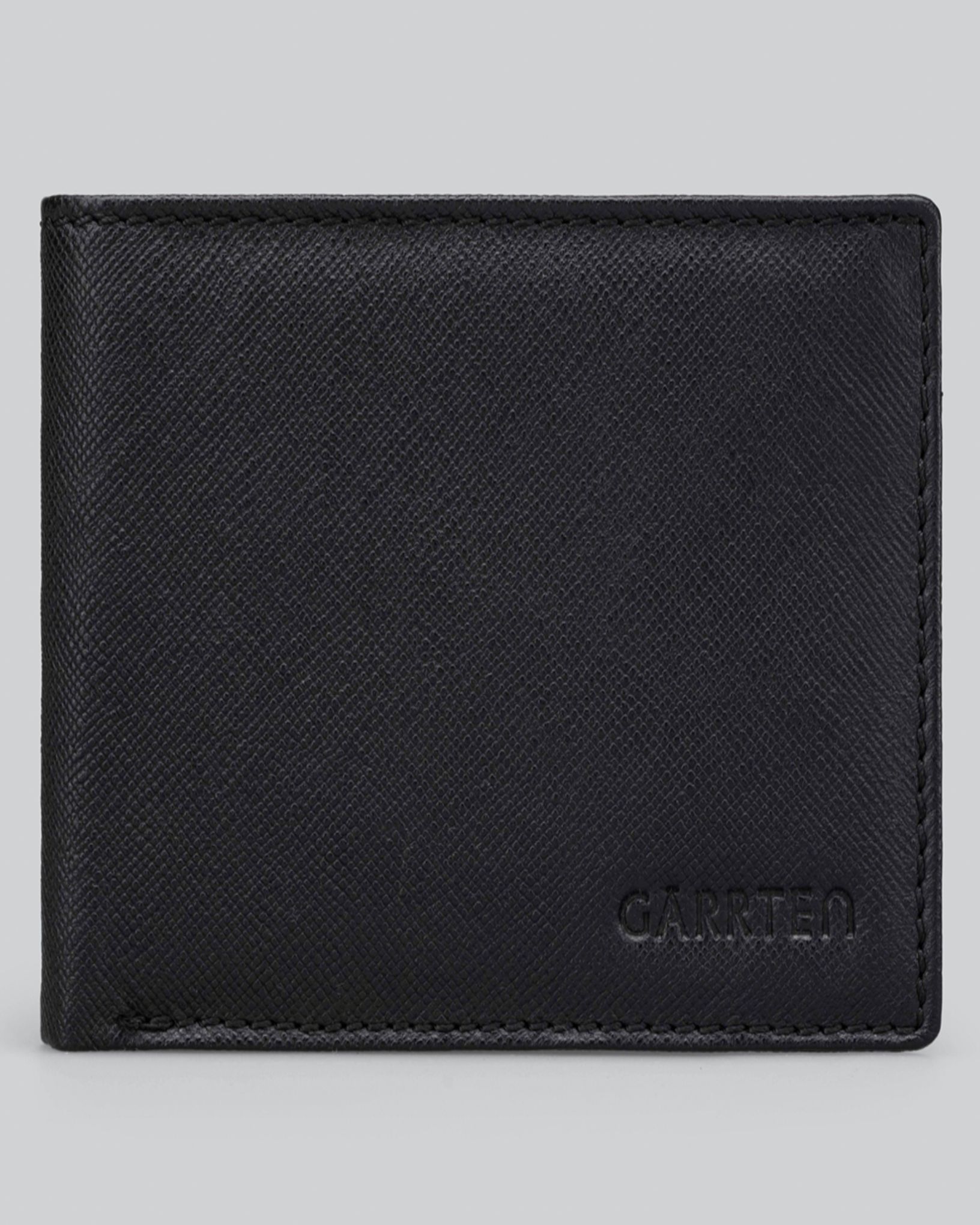 GARRTEN 319 saffiano leather wallet — black front view showing cross-hatch texture and embossed GARRTEN logo, white background