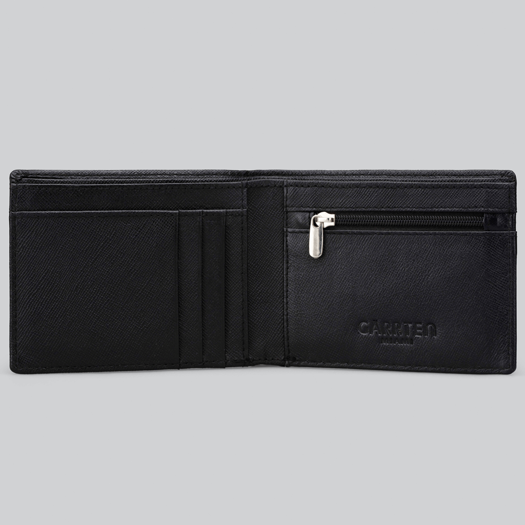 Garrten 319 Saffiano Leather Wallet in Black colour, open interior view with coin pocket