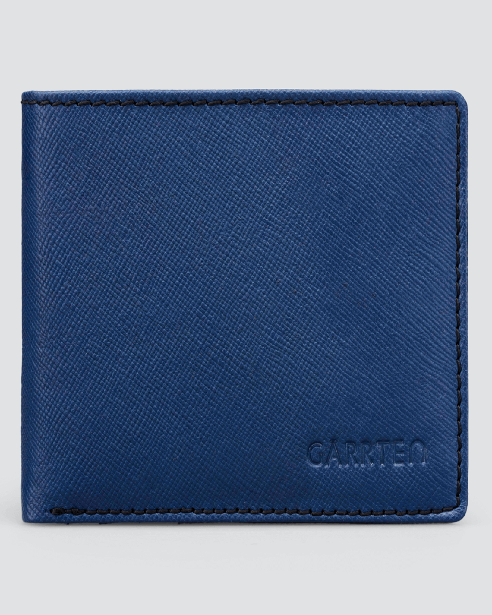 GARRTEN 319 saffiano leather wallet — Prussian blue exterior front view with black contrast edges and embossed GARRTEN logo, white background