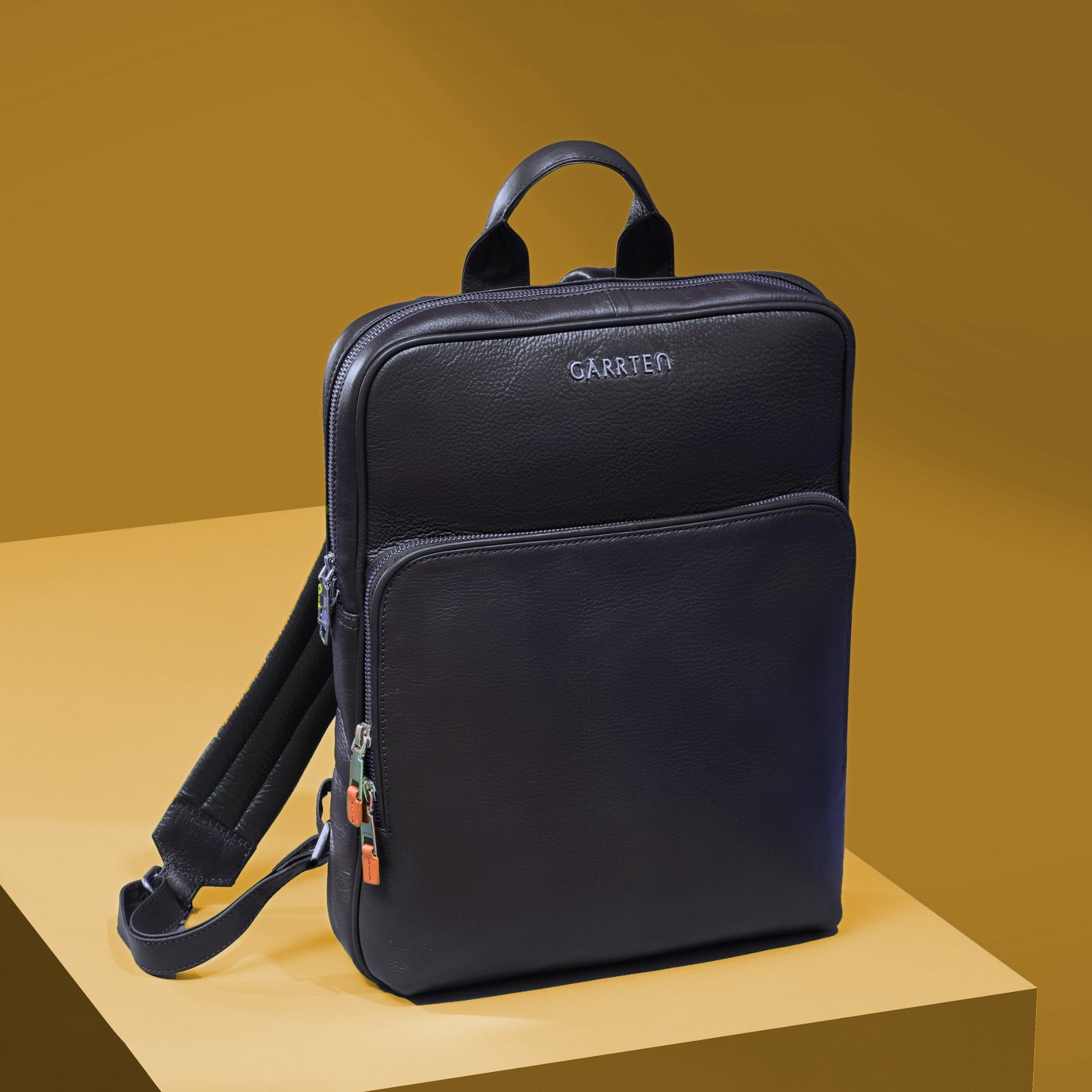 Midnight Blue: front view Garrten slim full grain leather backpack