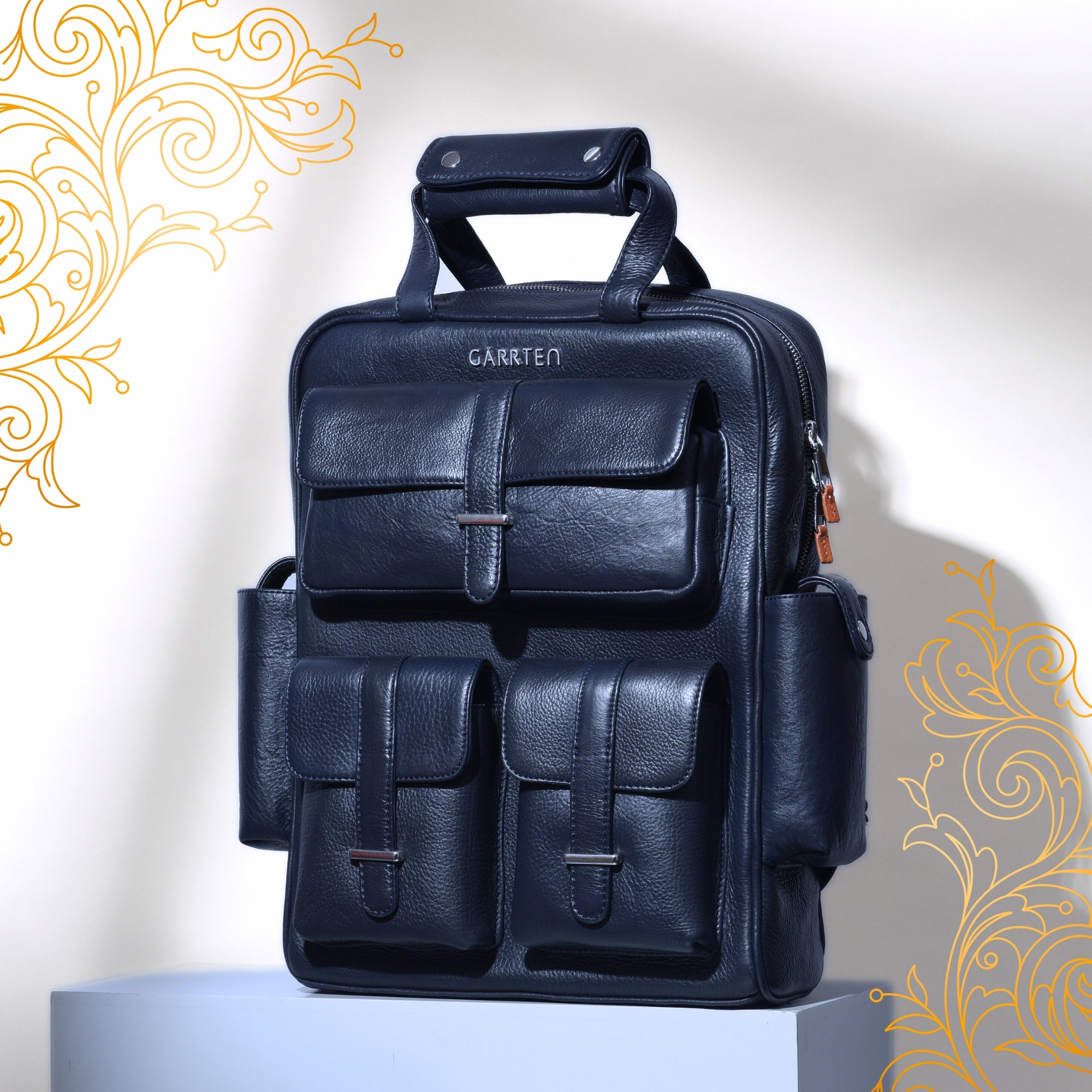 Blue: tilted front view of Garrten travel full grain leather backpack