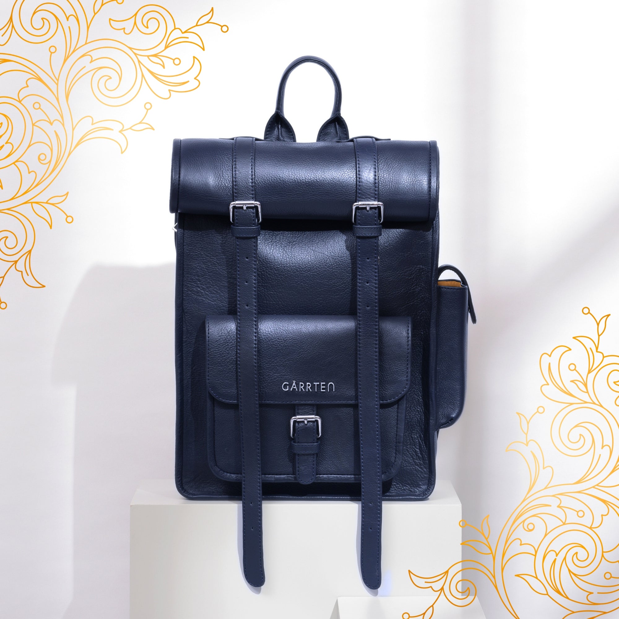 Midnight Blue: front view of Garrten rolltop style full grain leather backpack