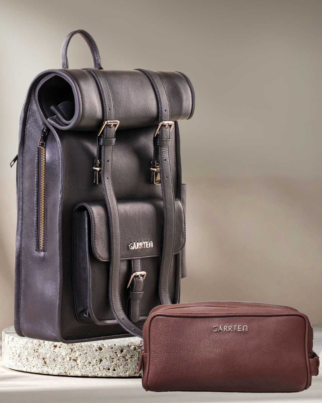 The Traveler Set in Black & Brown | 751 Rolltop Leather Backpack ...