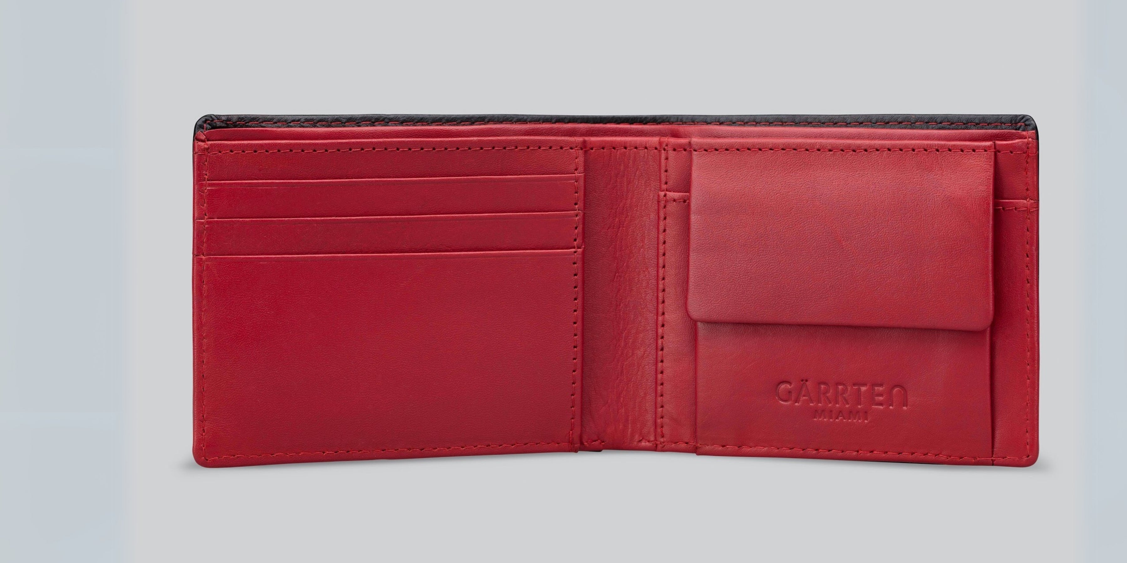 GARRTEN 219 leather wallet- open view of red interior leather with card and coin slots  on a light gray background