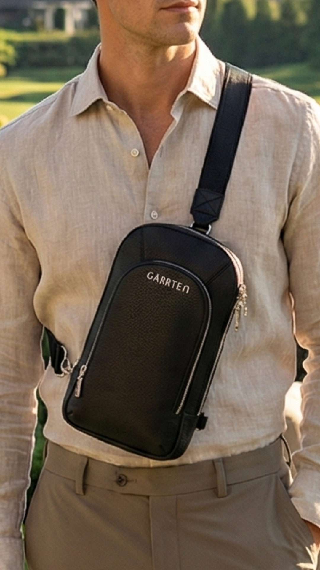 Garrten 518 Crossbody sling in black, worn by a man outdoors — lifestyle photograph