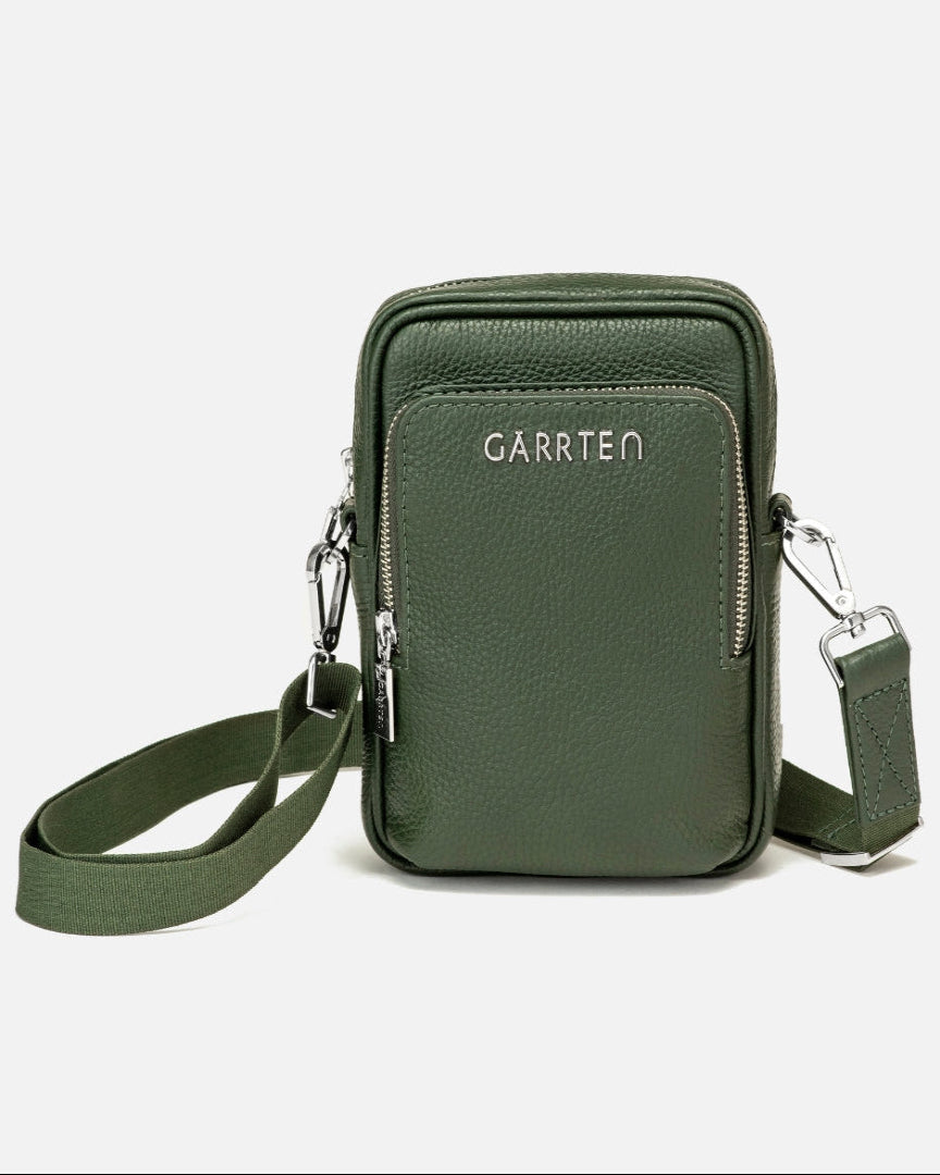 GARRTEN 508 mini Italian leather crossbody bag in forest green — front view with adjustable detachable leather shoulder strap, white background